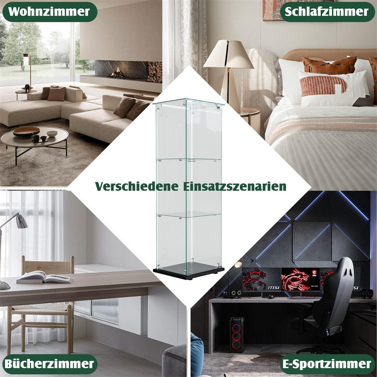 VITRINE - Glas-Vitrine mit 1 Tür - 3 Ebenen und LED-Lichtband-Beleuchtung - Schwarzer Boden - Schwarz, Glas (39.8/123.3/35cm) - DELFA
