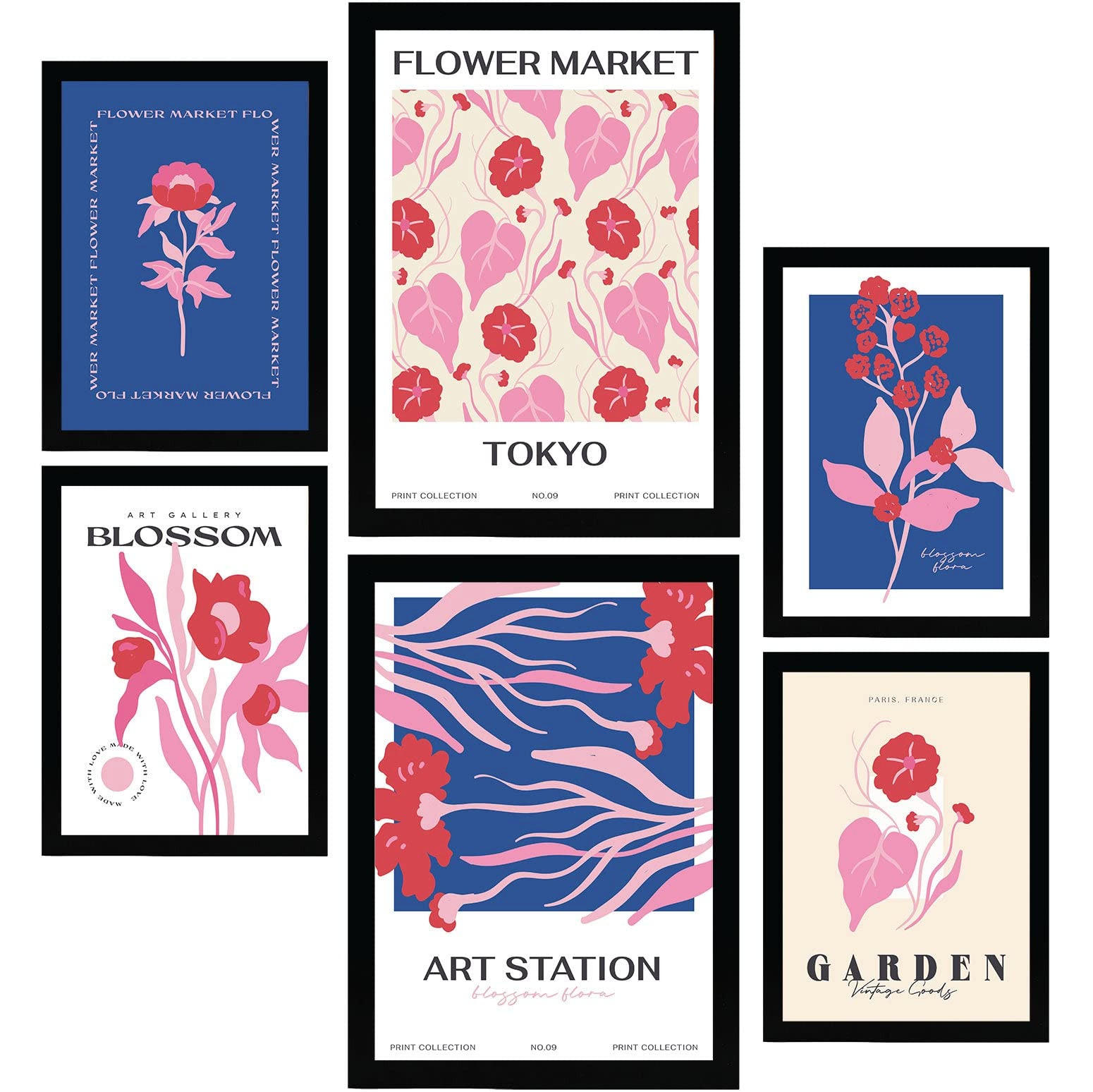 POSTER Set Mit 6 Blumen Blumenmarkt Natur Und Botanikdrucke Für Innenarchitektur A3 & A4 Schwarzer Rahmen - Schwarz, Papier (29/3cm) - Nacnic