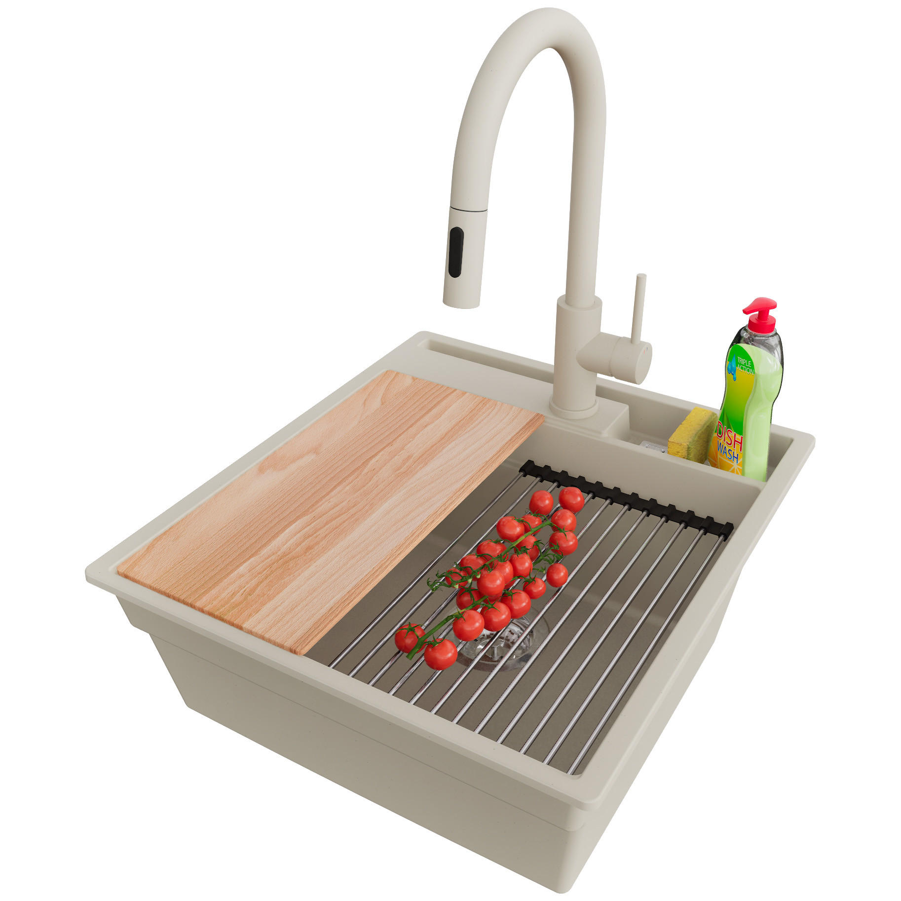 GRANITSPÜLE Oslo Pocket, 2-er set Beige 48/53 cm 1 Becken + Küchenarmatur 40/20 cm + Ablauf-Set + Küchenzubehörset ab 50er Unterschrank - Chromfarben/Beige, Kunststoff (48/20/53cm) - Primagran