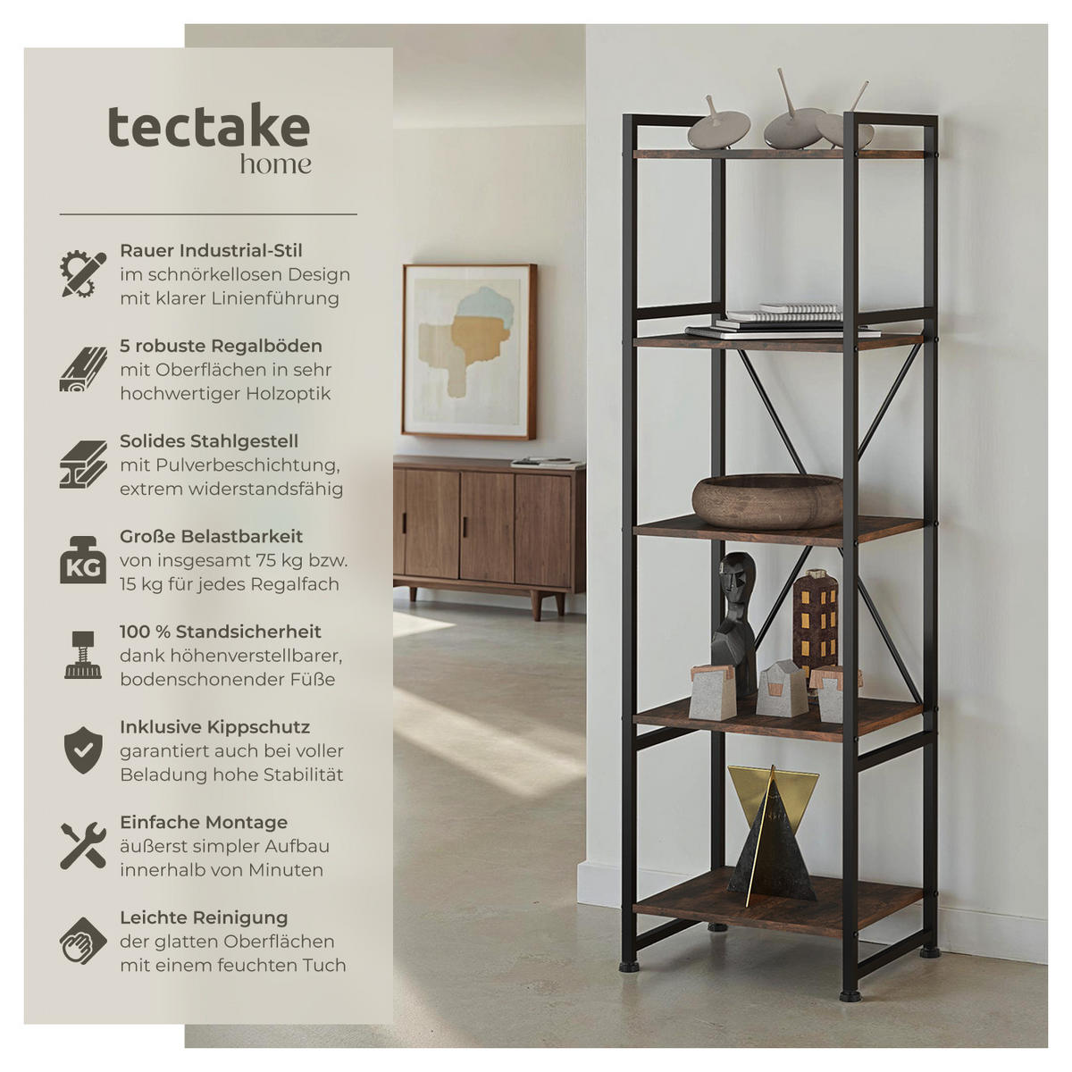 REGAL Manchester,inklusive Kippschutz, 47,5 x 34,5 x 151,5 cm,Industrial Holz dunkel, rustikal - Rostfarben, Holz (34.5/151.5/47.5cm) - tectake