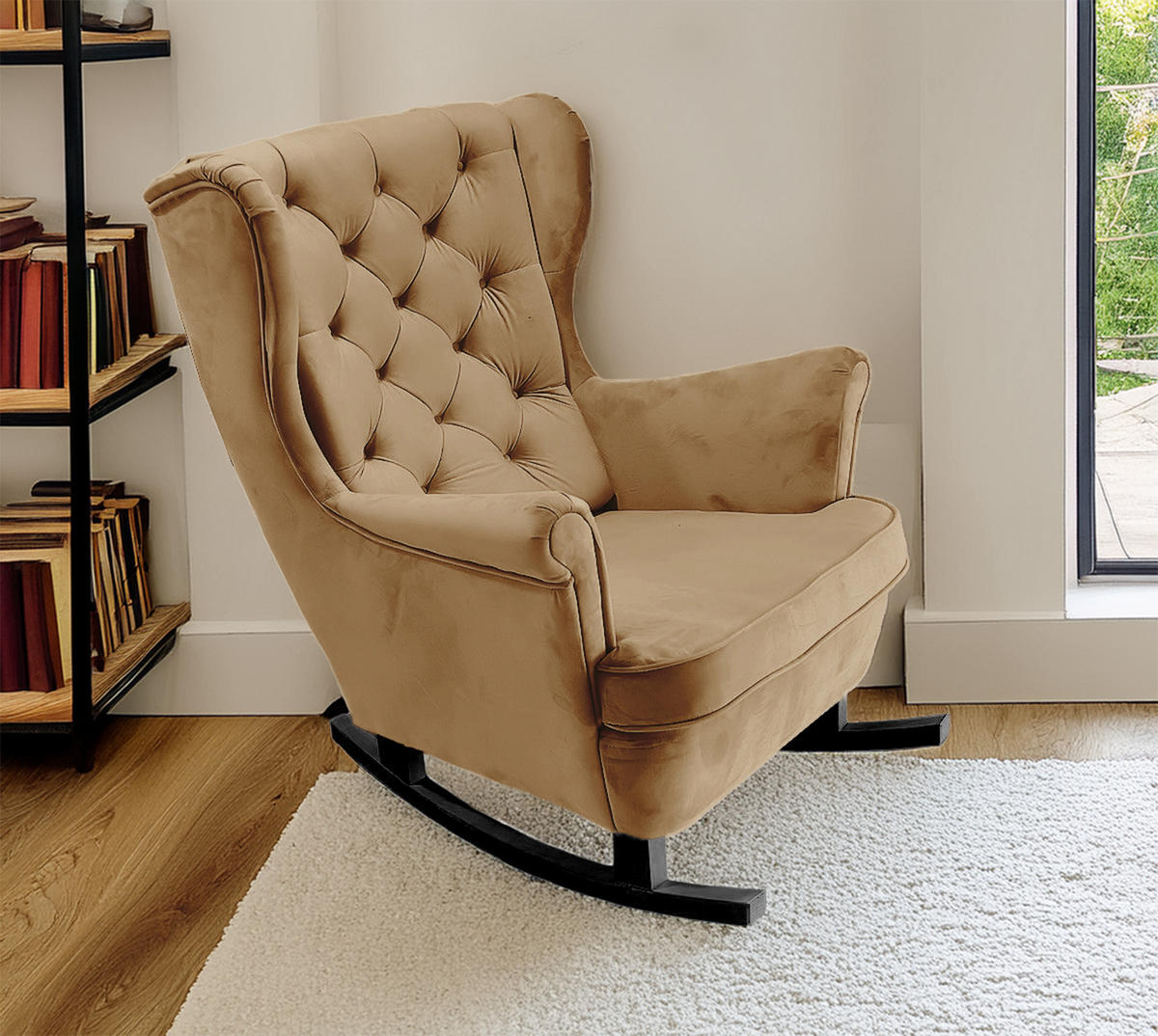 SCHAUKELSESSEL mit gepolstertem Sitz und Armlehnen, 102x81x95 cm, Cappuccino_29808 - Schwarz/Samtahornfarben, Holz/Textil (81/102/95cm) - DomoHome
