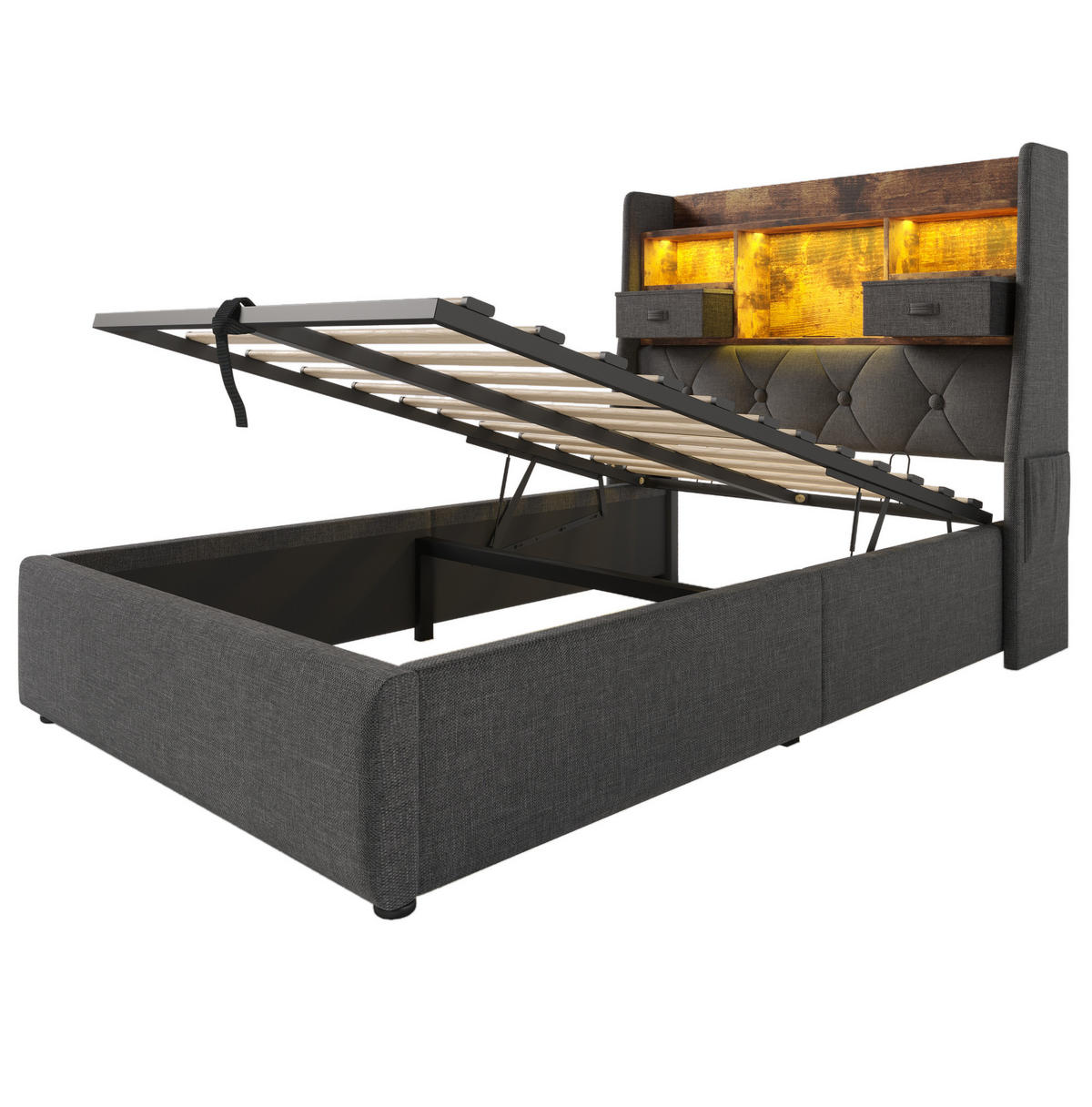 POLSTERBETT aus Leinen 90x200 cm in Grau mit Stauraum, LED & Ladestation - Grau, Textil (90/200cm) - Modfu