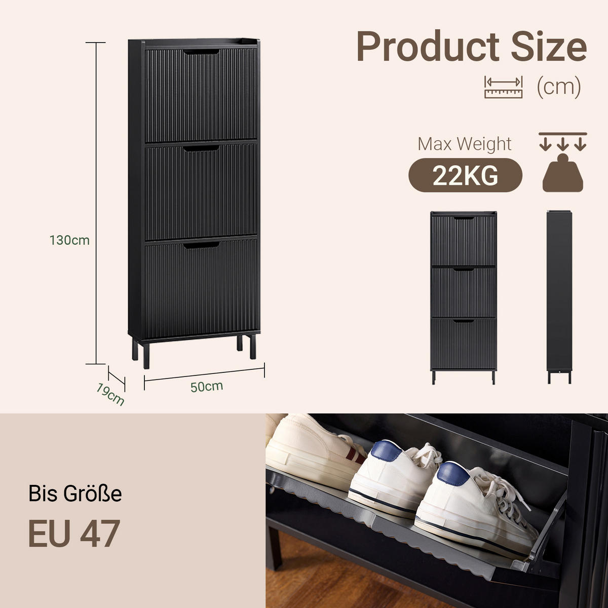 COMODĂ de intrare cu trei sertare, design modern - negru, compozit lemnos/metal (50/130/19cm) - SoBuy