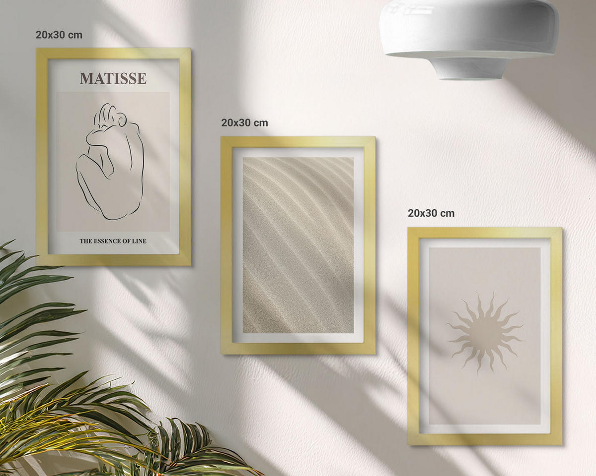 BILDER SET 3er Set - 20x30 cm Goldrahmen - Minimalistische Sandlinien Sonne - Goldfarben, Kunststoff (20/30cm) - TULUP