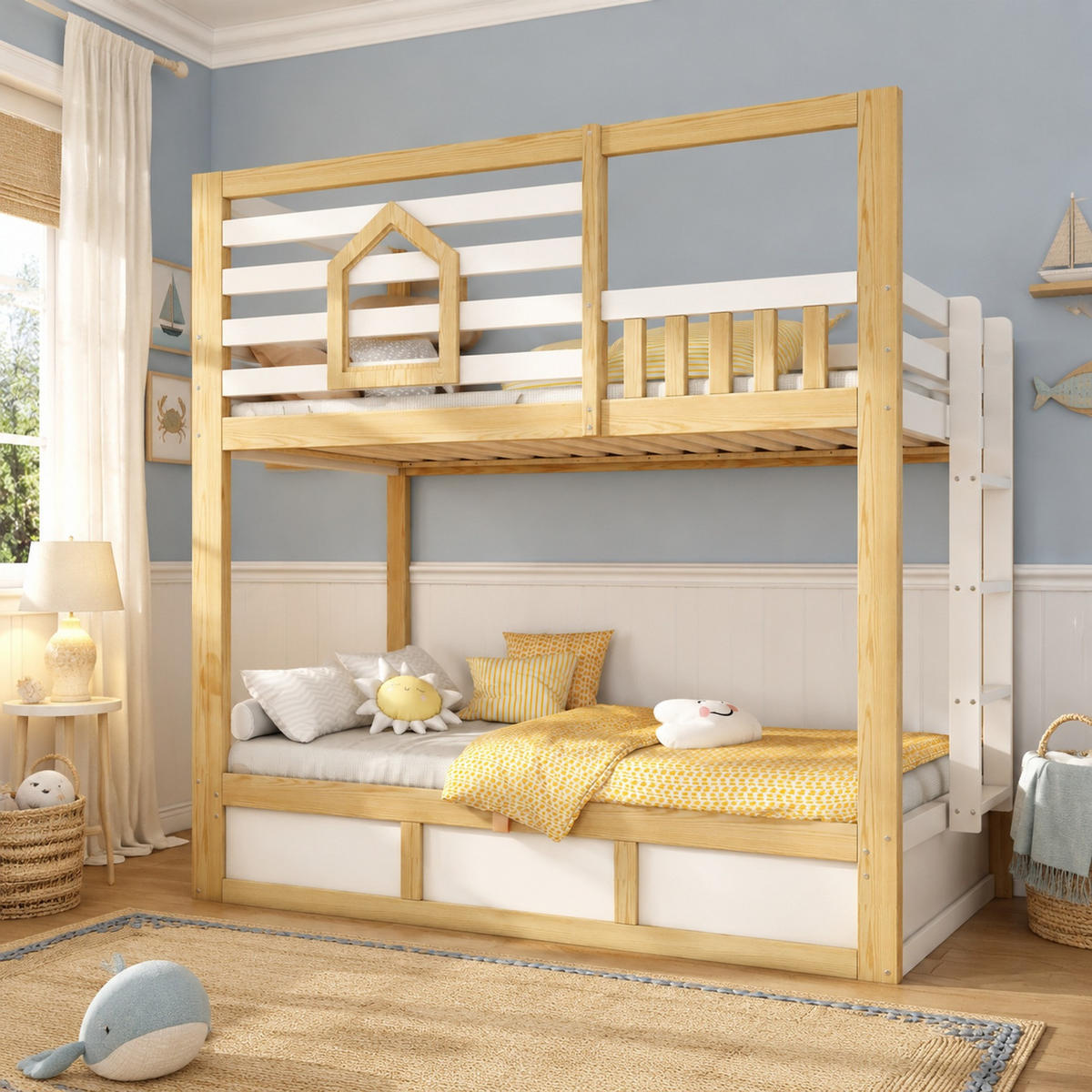 ETAGENBETT 90/200 mit 2 Liegeflächen, Sicherheitsgeländer und Stauraum in Weiß/Naturholz - Weiß/Naturfarben, Holzwerkstoff (90/200cm) - EVRYAE