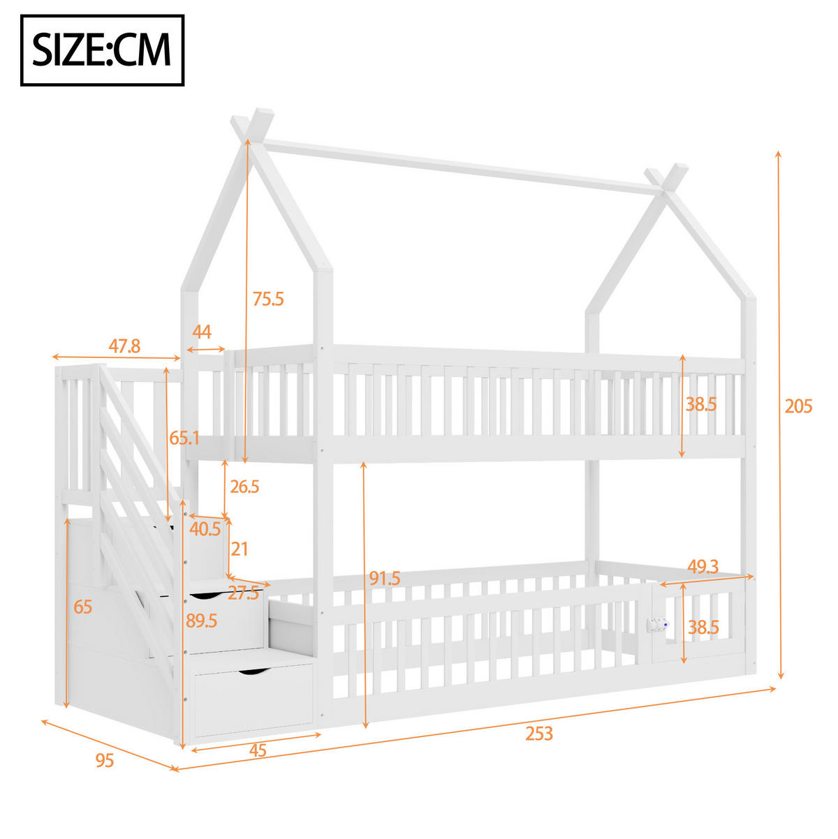 ETAGENBETT 90/200 cm weiß aus Kiefernholz mit Dach und Treppe - Weiß, Holzwerkstoff (90/200cm) - OKWISH