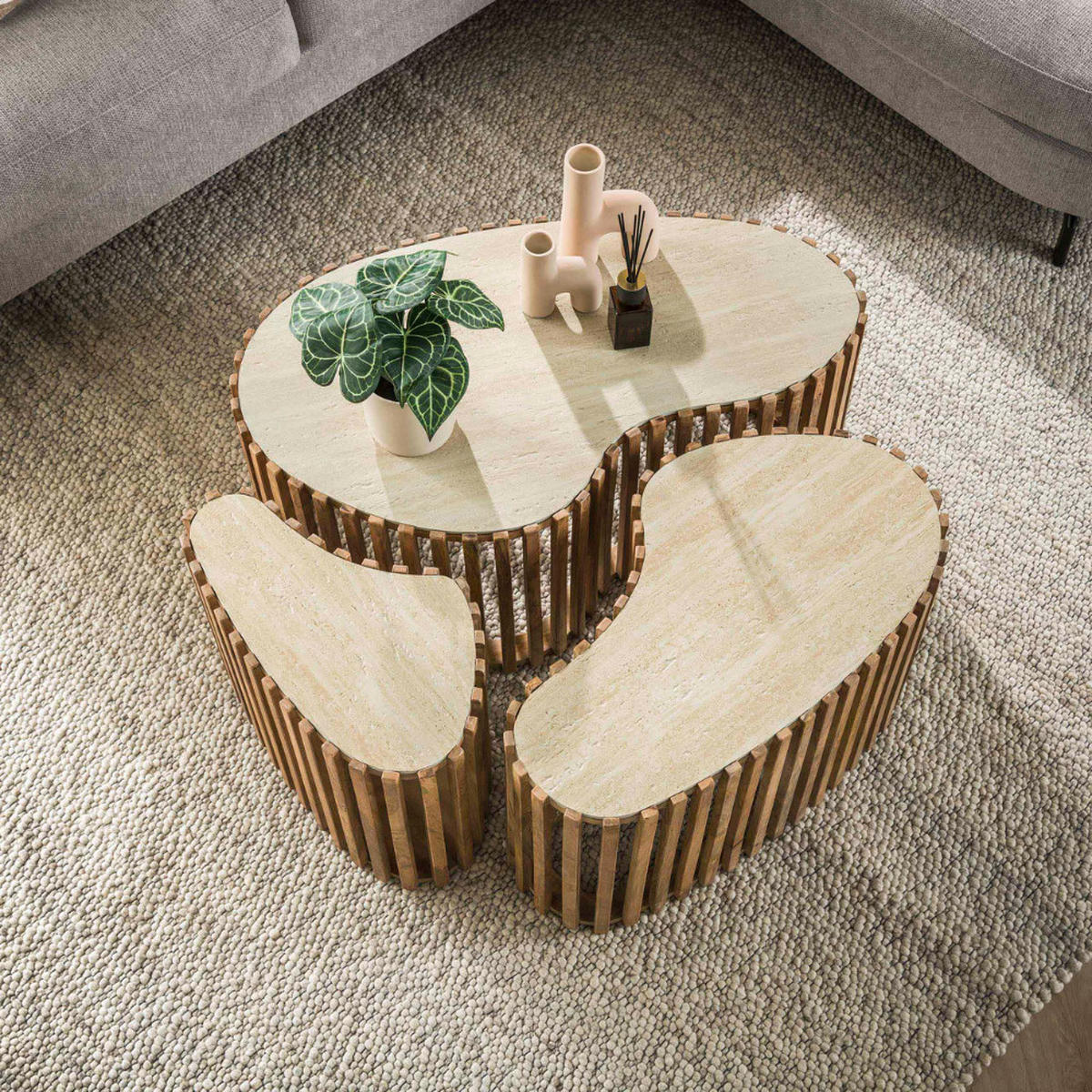 COUCHTISCH-SET LORETO ORGANIC 3-teilige Satztische mit Travertin-Keramik - Braun, Holz (52/90/40cm) - alesvelt