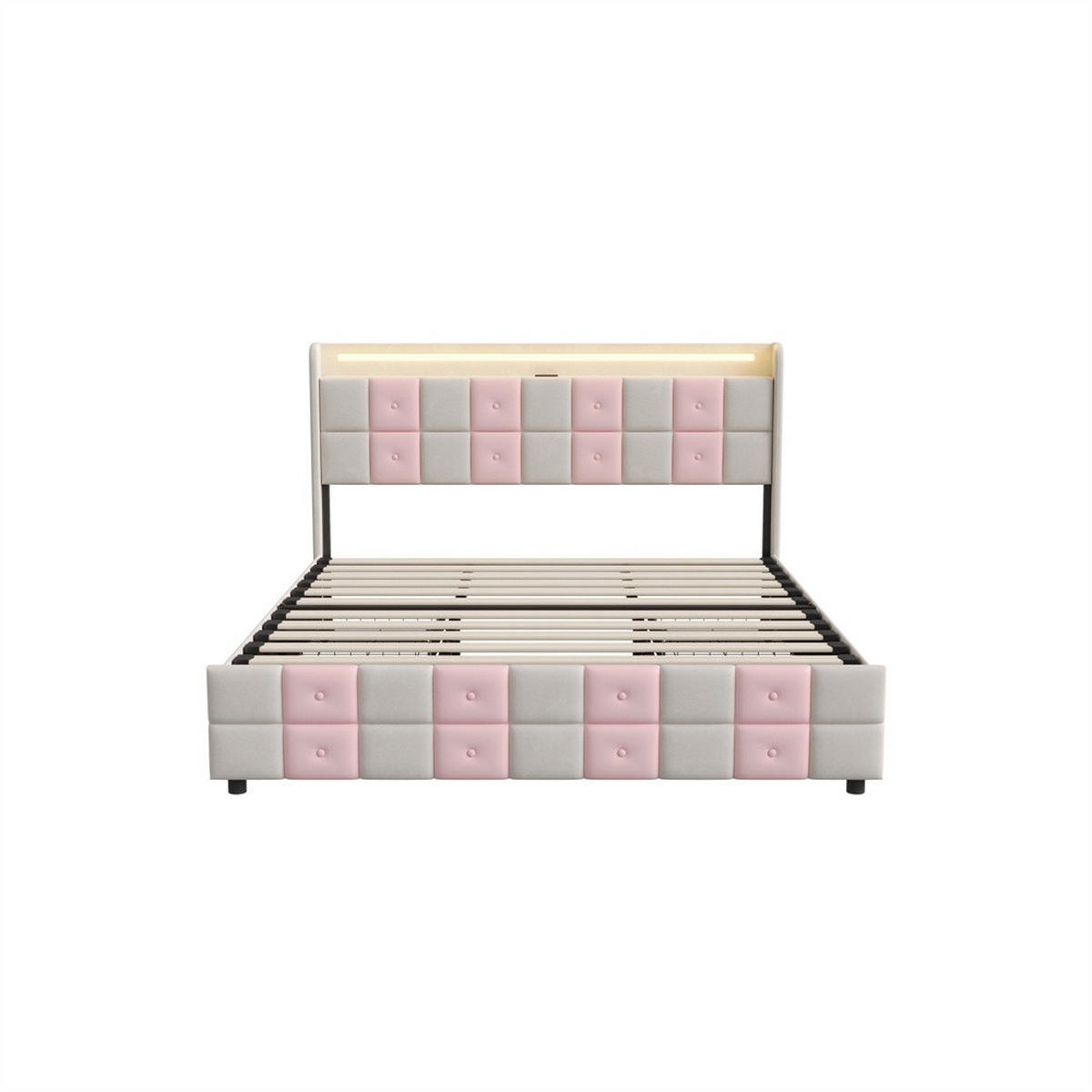 POLSTERBETT 140x200 cm - mit LED-Beleuchtung&USB-Ladefunktion und 4 Schubladen - ohne Matratze - Weiß-Rosa - Pink, Textil (140/200cm) - DELFA
