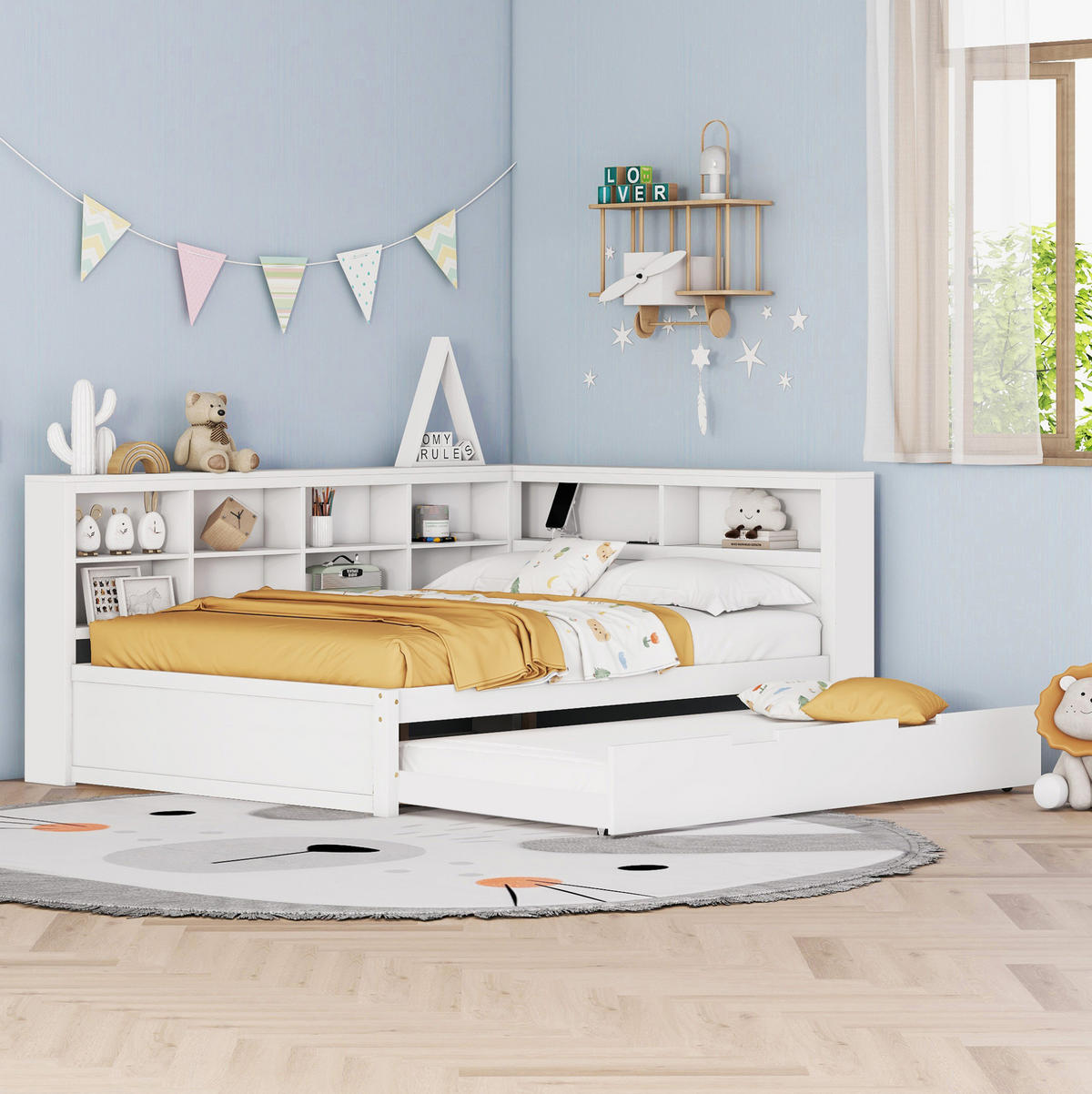 BETT aus Holz 140x200 cm Weiß mit Ausziehbett, USB-Anschluss und Stauraum - Weiß, Holzwerkstoff (140/200cm) - Modfu