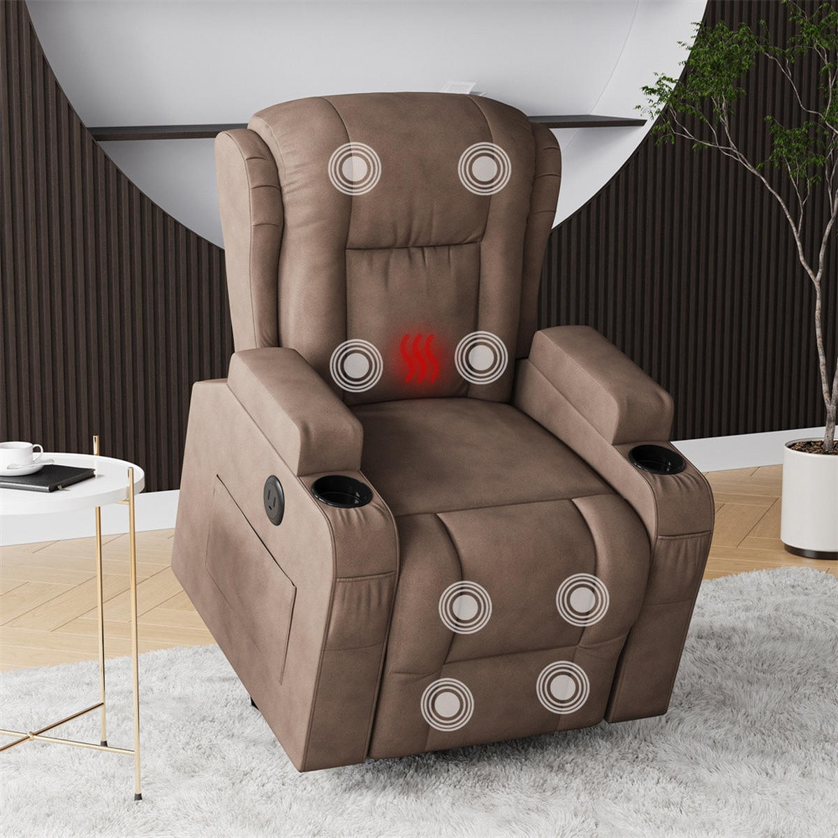 MASSAGESESSEL mit Aufstehhilfe - 8-Punkt-Massage und Heizfunktion - USB-Ladeanschluss - Braun - Braun, Textil (102/105/93cm) - DELFA
