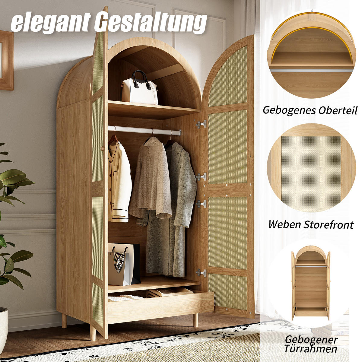 KLEIDERSCHRANK Gebogene Türen Stauraum Schubladen Schlafzimmer - Naturfarben, Holzwerkstoff (50/179/80cm) - FLIEKS