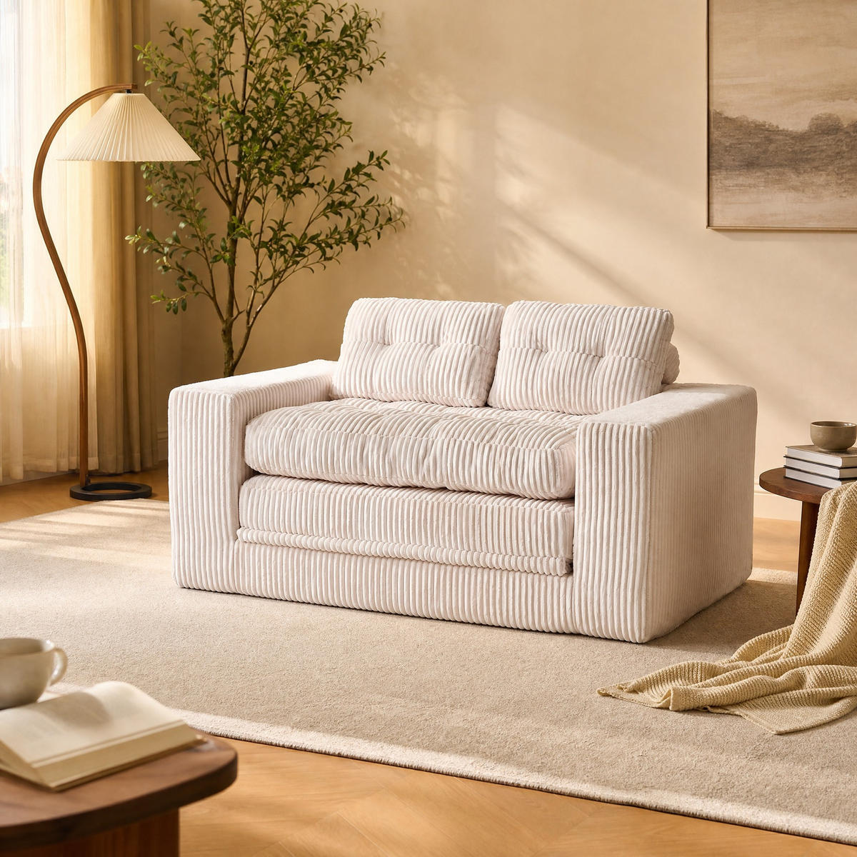 SCHLAFSOFA 2-in-1 rahmenloser Zweisitzer Cord Beige - Beige, Holzwerkstoff (85/54/140cm) - Meubliv