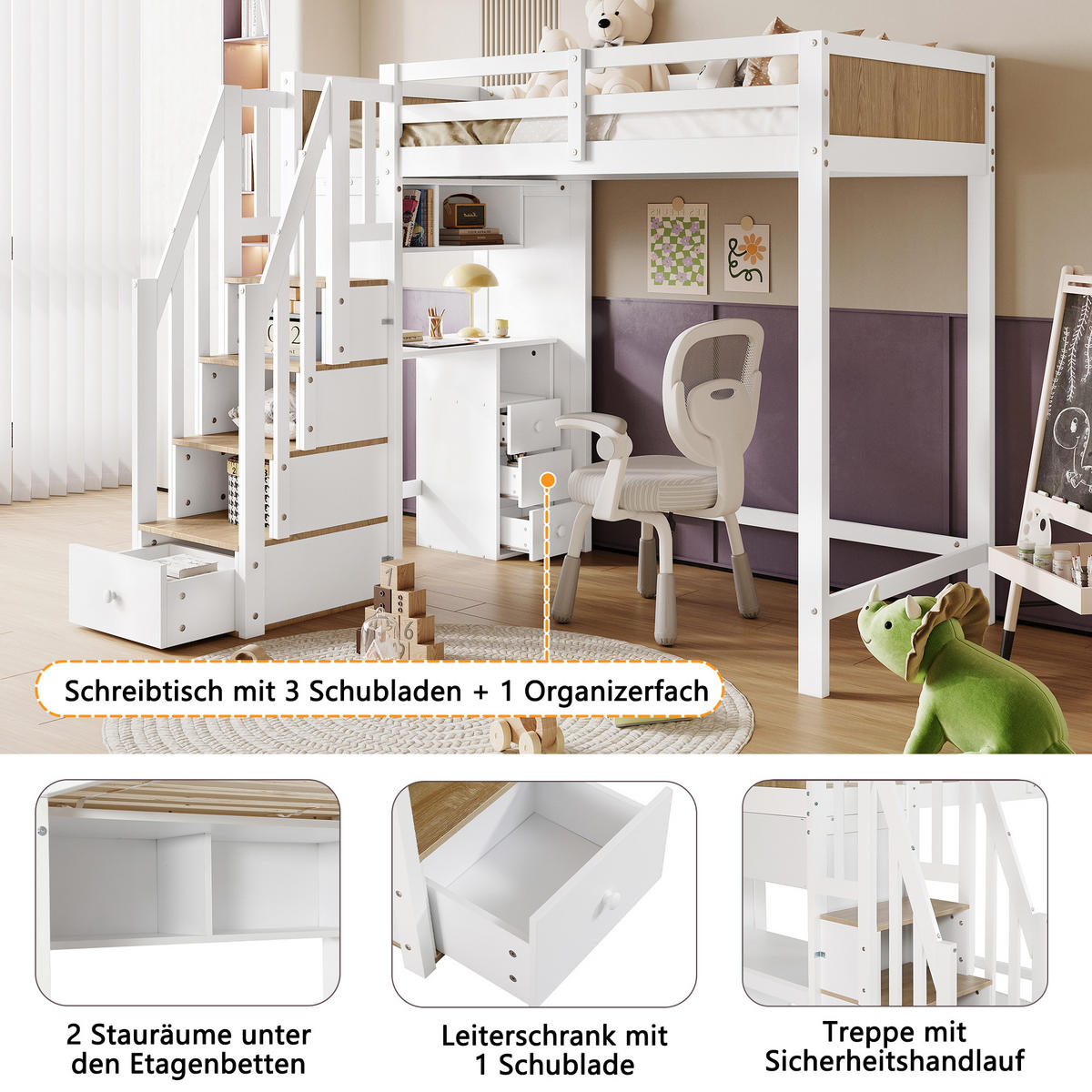 ETAGENBETT 90/200 cm in Weiß & Natur mit Schreibtisch, 3 Schubladen und Regal - Weiß/Naturfarben, Holz/Holzwerkstoff (90/200cm) - CHICFURN