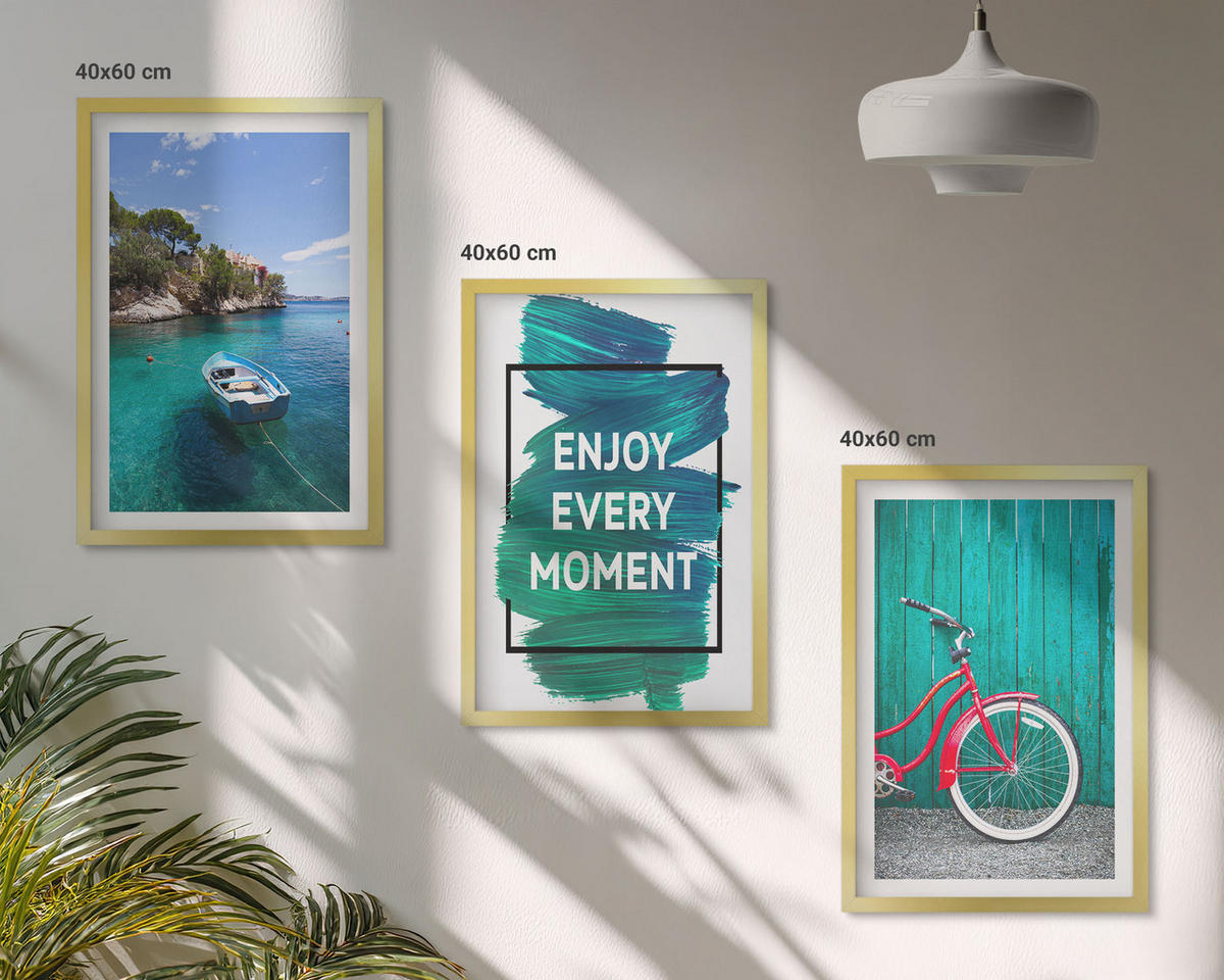 WANDBILDER 3er Set - 40x60 cm Goldrahmen - Inspiration für ein Fahrrad mit Seeboot - Goldfarben, Kunststoff (40/60cm) - ArtPrintCave