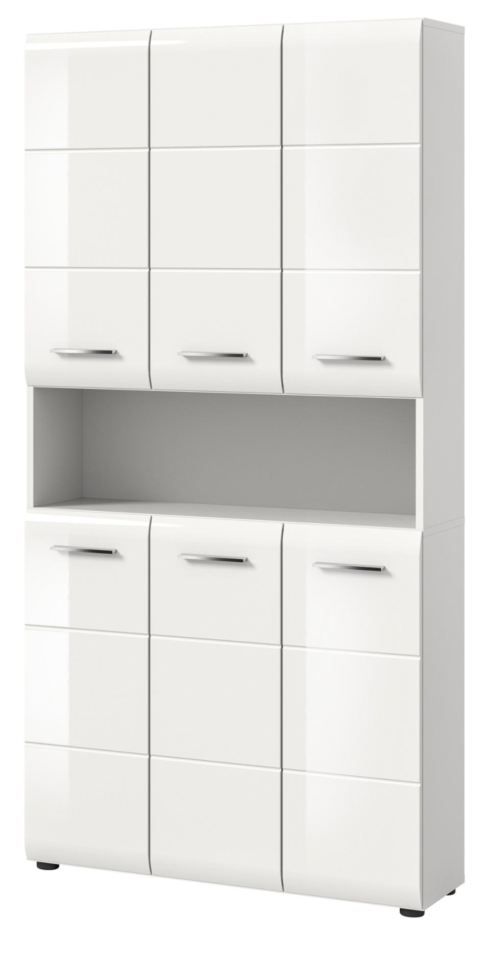 HOCHSCHRANK weiß Hochglanz, Mehrzweckschrank 90 cm mit 13 Fächern - Weiß Hochglanz/Silberfarben, Holzwerkstoff/Kunststoff (90/185/30cm) - Inn.Furn
