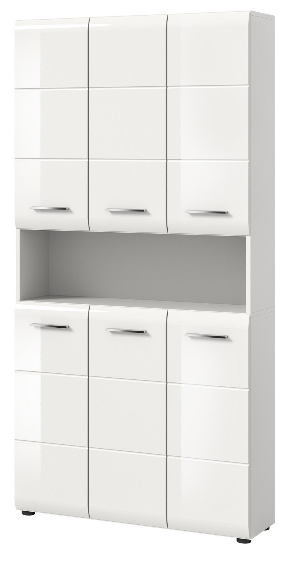 HOCHSCHRANK weiß Hochglanz, Mehrzweckschrank 90 cm mit 13 Fächern - Weiß Hochglanz/Silberfarben, Holzwerkstoff/Kunststoff (90/185/30cm) - Inn.Furn