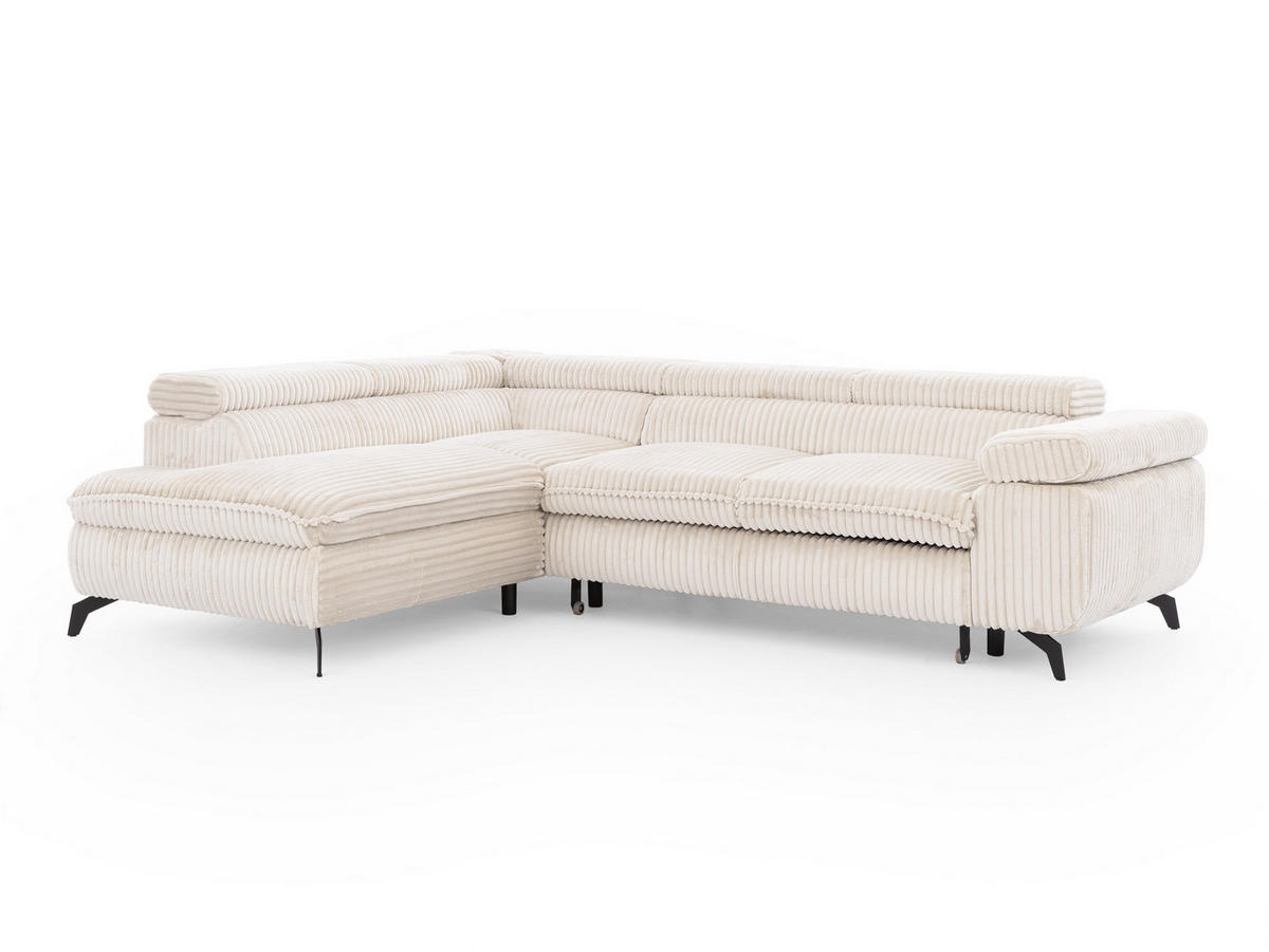 ECKSOFA mit Schlaffunktion und Bettkasten Bonnie aus Creme Cord-Stoff mit verstellbaren Kopfstützen und Armlehne - Ottomane links - Creme/Schwarz, Holz/Textil (275/210cm) - S-Style Möbel