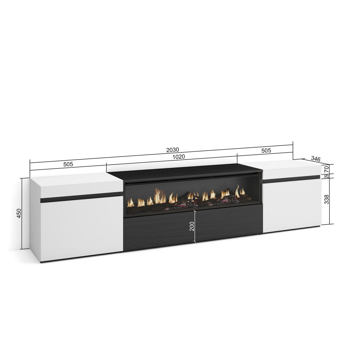 LOWBOARD Elektrokamin, weiß, schwarz, 200/35/45cm - Schwarz/Weiß, Holzwerkstoff (200/45/35cm) - Skraut Home