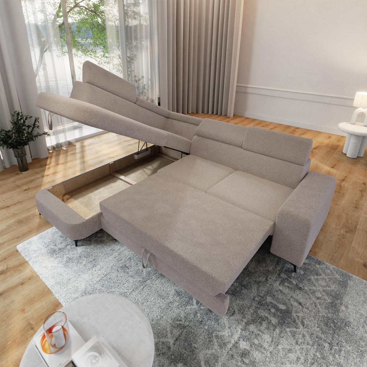 ECKSOFA ALVORO L-S Beige Boucle-Stoff mit Schlaffunktion - Beige, Holz (253/190cm) - MASSENO