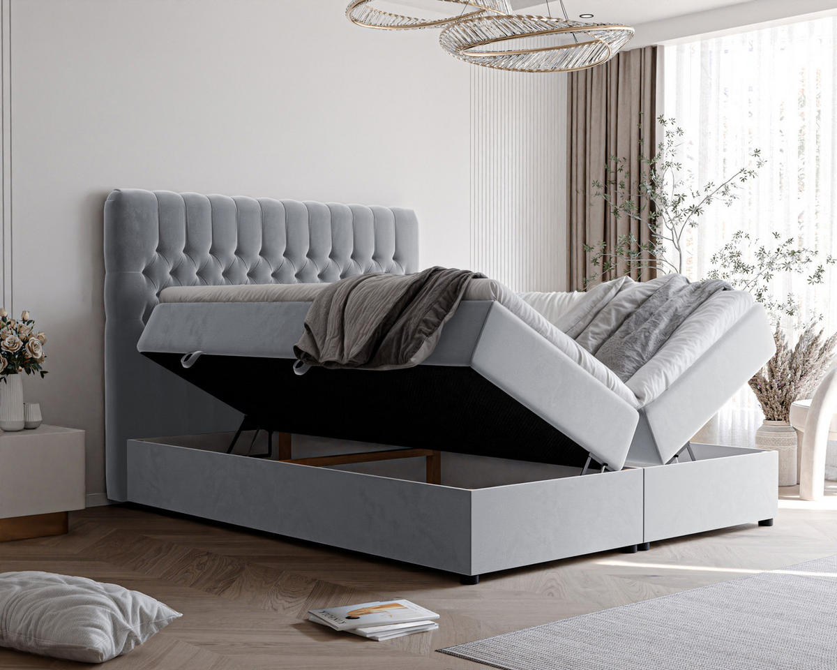 BOXBETT ALBA 140/200 cm mit Matratze und Topper, Grau - Grau, Textil (140/200cm) - Idohome