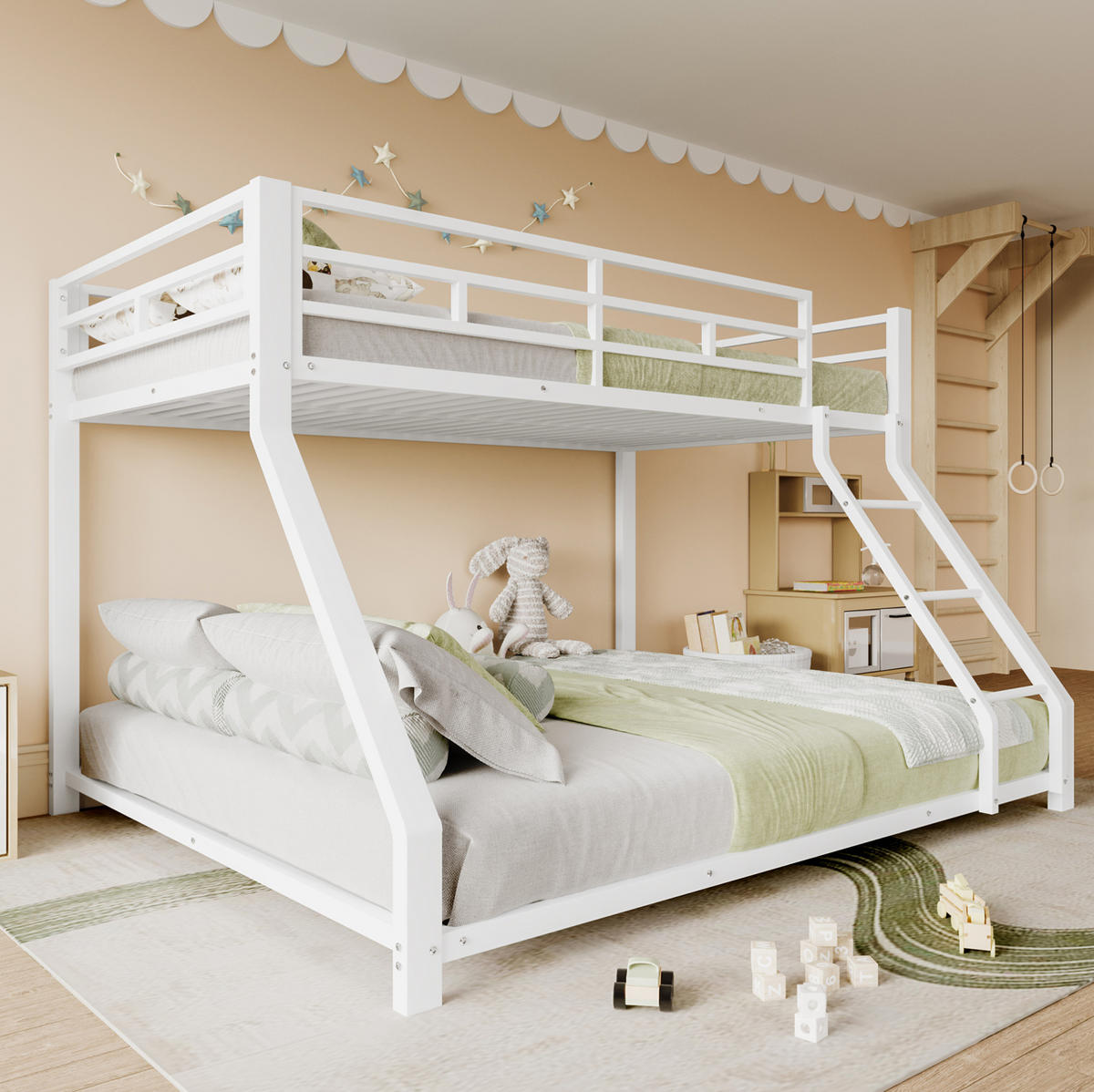 ETAGENBETT aus Metall 90x200/140x200 cm Weiß mit Treppe, Geländer und EN747-Zertifizierung - Weiß, Metall (90/200cm) - Modfu