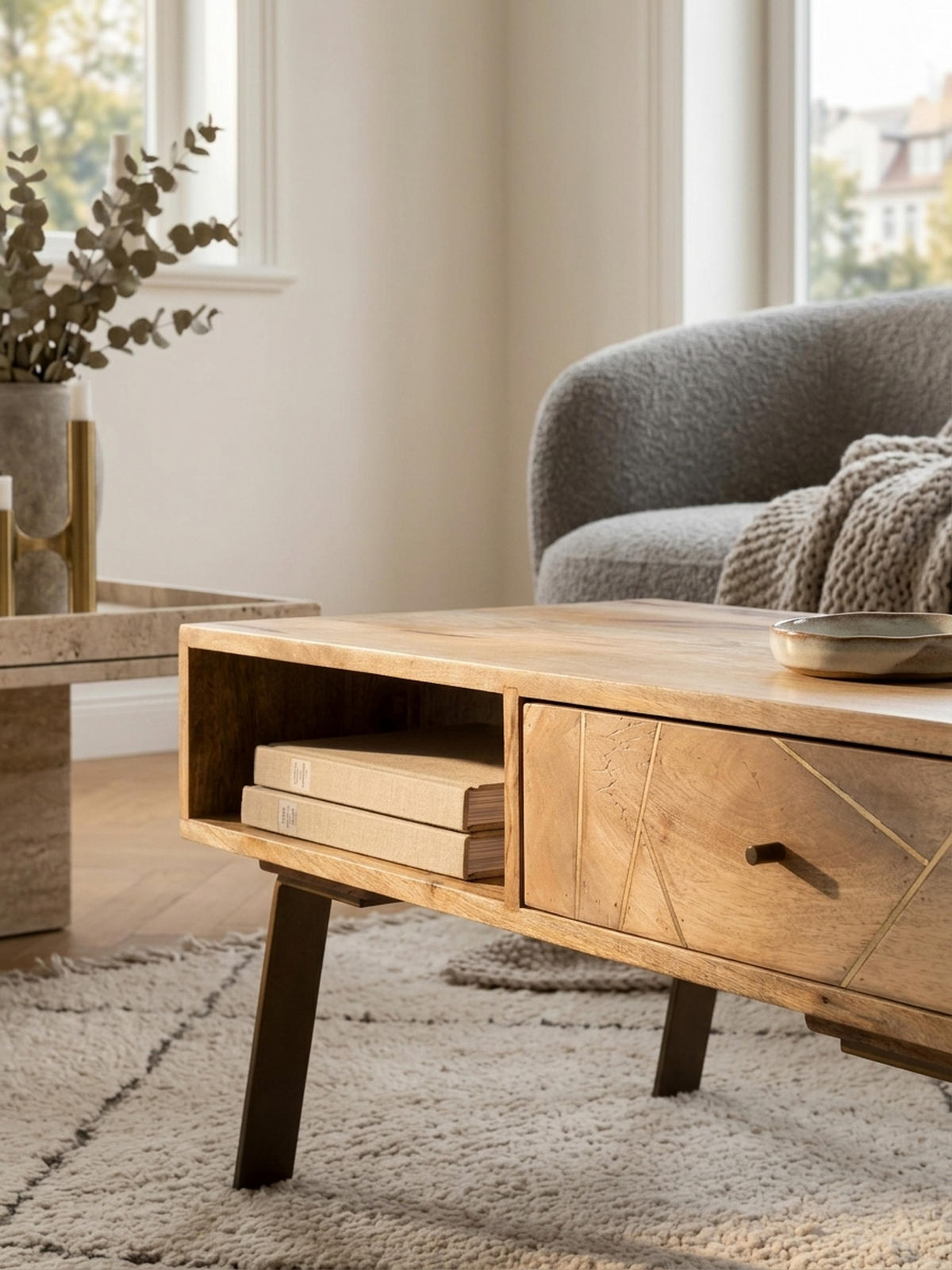 COUCHTISCH in Rustikalem Landhausstil, Massives Mangoholz und Metall, Maße 95x42x50 cm - Beige/Braun, Holz/Metall (50/95/42cm) - KADIMA DESIGN