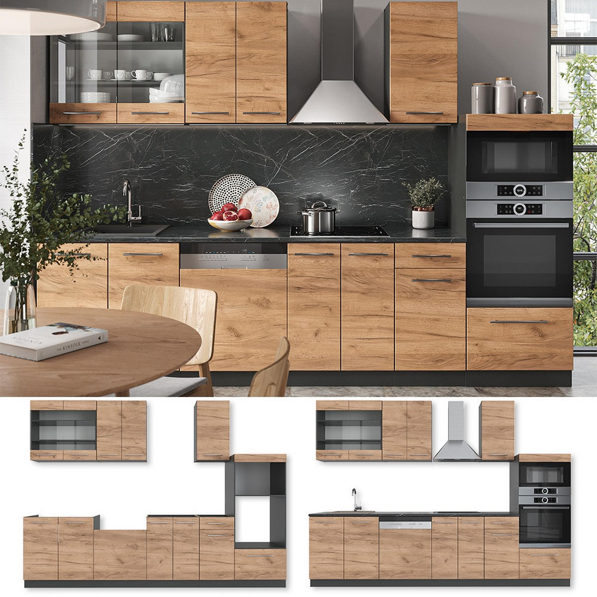 KÜCHENZEILE Fame-Line Goldkraft Eiche/Anthrazit 300 cm mit Hochschrank, AP Marmor - Honigeiche/Anthrazit, Holzwerkstoff (300/81.6/60cm) - Vicco