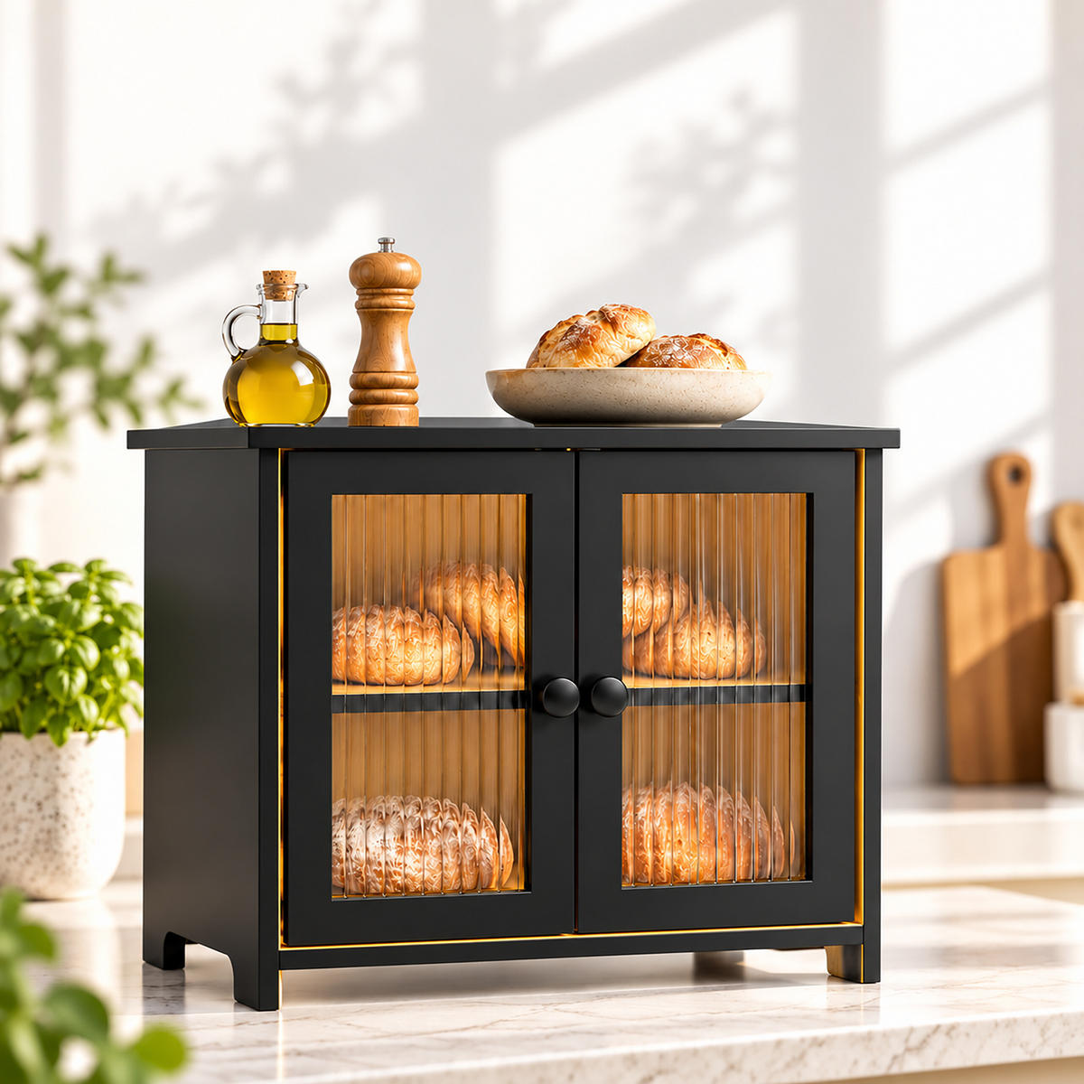 BROTKASTEN Schwarz Bambus 2 Etagen Sichtfenster - Schwarz, Holz/Kunststoff (36/34/22cm) - Relaxdays
