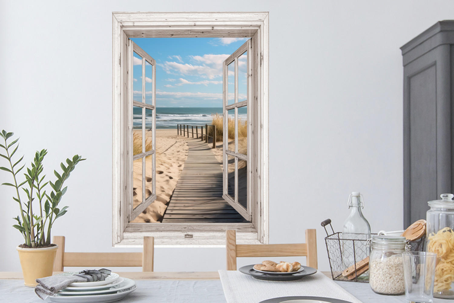 WANDTATTOO Fenster - Meer - Küste - Natur - Ausblick - Strand - Wattenmeer 80x120 cm - Beige, Kunststoff (80/120/0.1cm) - MuchoWow
