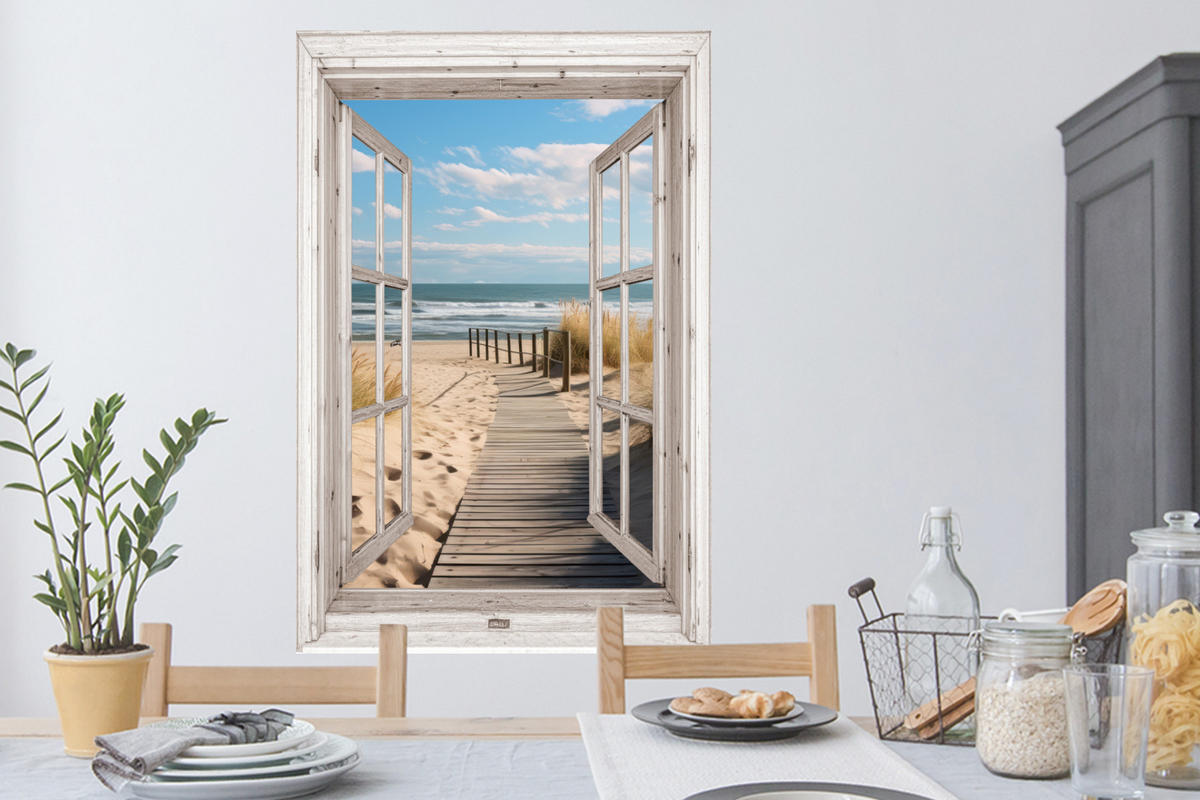 WANDTATTOO Fenster - Meer - Küste - Natur - Ausblick - Strand - Wattenmeer 80x120 cm - Beige, Kunststoff (80/120/0.1cm) - MuchoWow