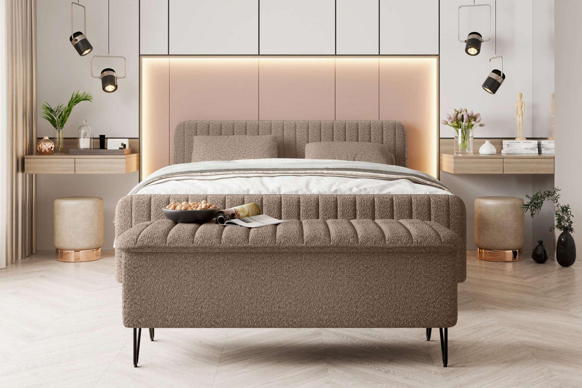 BOXSPRINGBETT LUCIO mit Hocker Bouclé-Stoff Taupe 180/200 cm - Taupe/Schwarz, Textil/Metall (180/200cm) - 99rooms