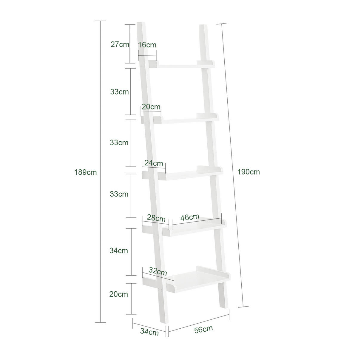LEITERREGAL Weiß - Weiß, Holzwerkstoff (56/189/33cm) - SoBuy