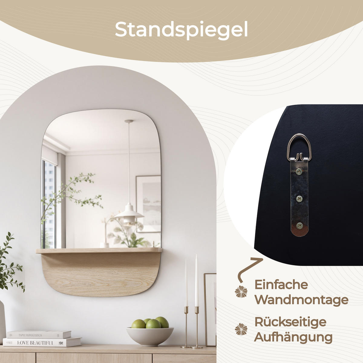 RECHTECK-SPIEGEL ohne Rahmen 75×50 cm - Naturfarben, Glas/Holz (50/1.6/75cm)
