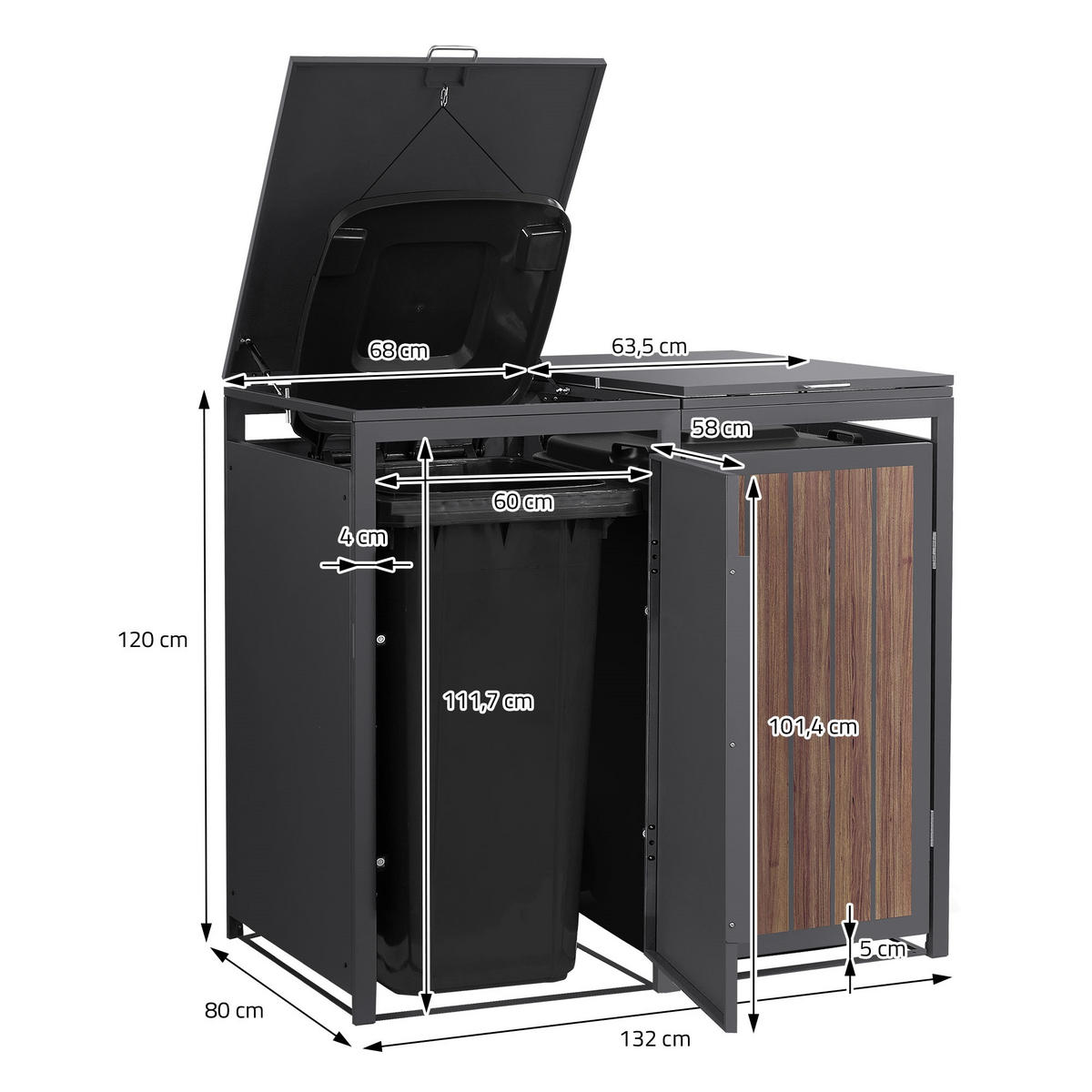 MÜLLTONNENBOX 2er 240L 132x80x120 cm Anthrazit-Eiche dunkel aus Stahl - Dunkelbraun, Metall (80/120/132cm) - ML-DESIGN