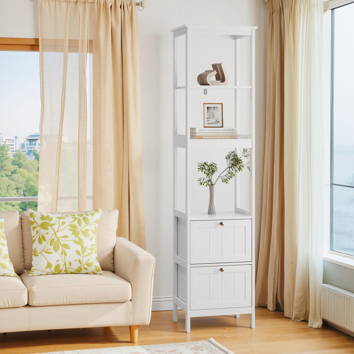 HOCHSCHRANK 40x30x160 cm Weiß aus Spanplatte mit 2 Schubladen & 3 offenen Regalen - Weiß, Holzwerkstoff (40/160/30cm) - Modfu