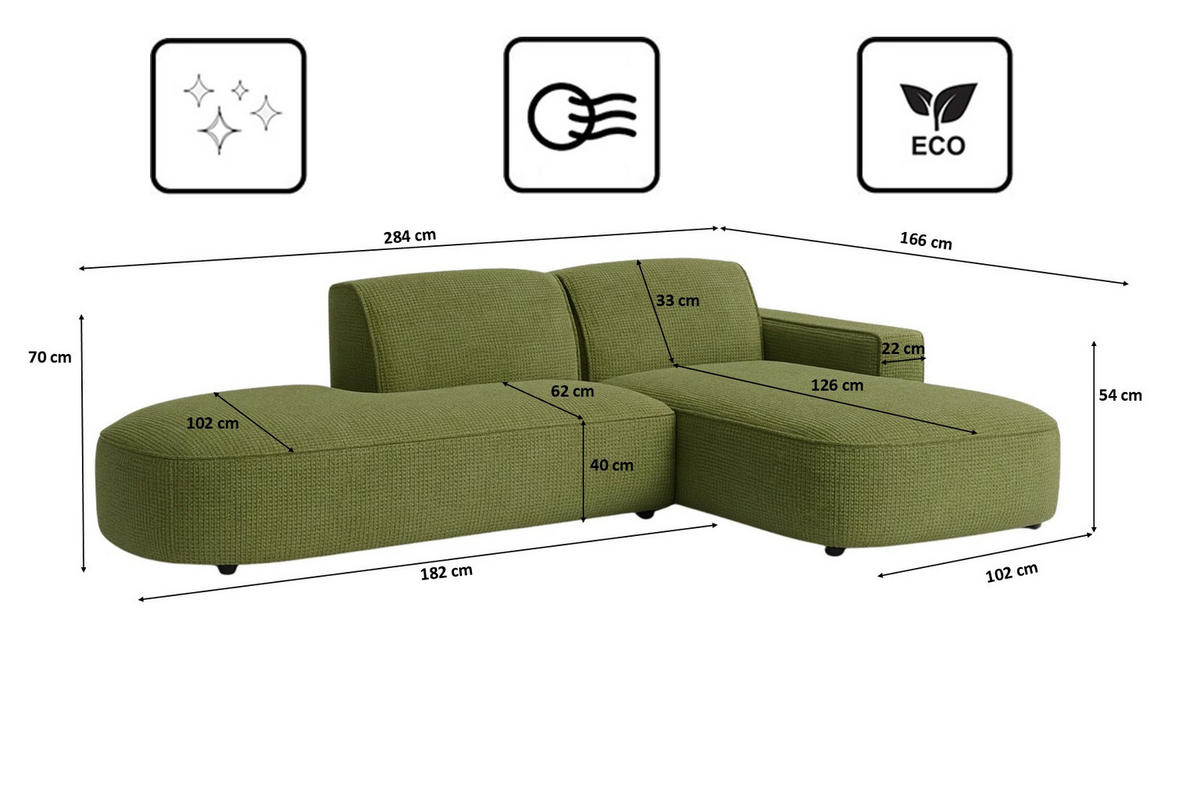 ECKSOFA Cursal Atelier, Stoff Artico, Moss, Rechts - Grün, Holz (284/166cm) - Kaiser Möbel
