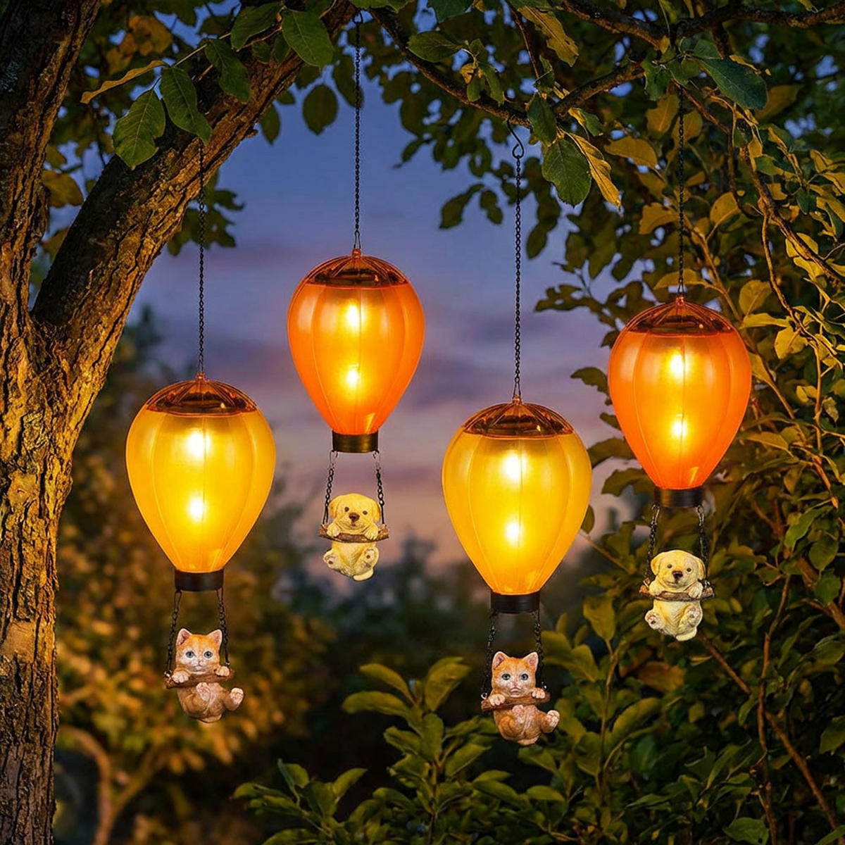 HÄNGELAMPE Solarleuchte Heißluftballon Hund Katze 4er Set - Multicolor, Metall (12/12/49cm)
