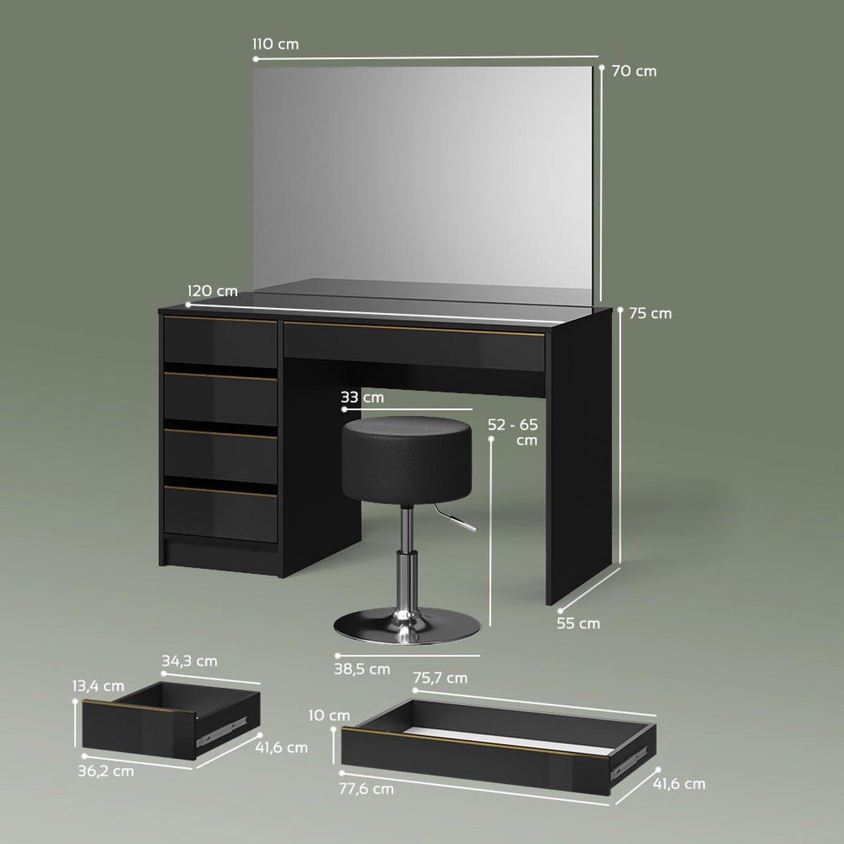 SCHMINKTISCH-SET Imola Schwarz/Gold 120 cm mit Hocker - Goldfarben/Schwarz, Holzwerkstoff (120/75/55cm) - Livinity®