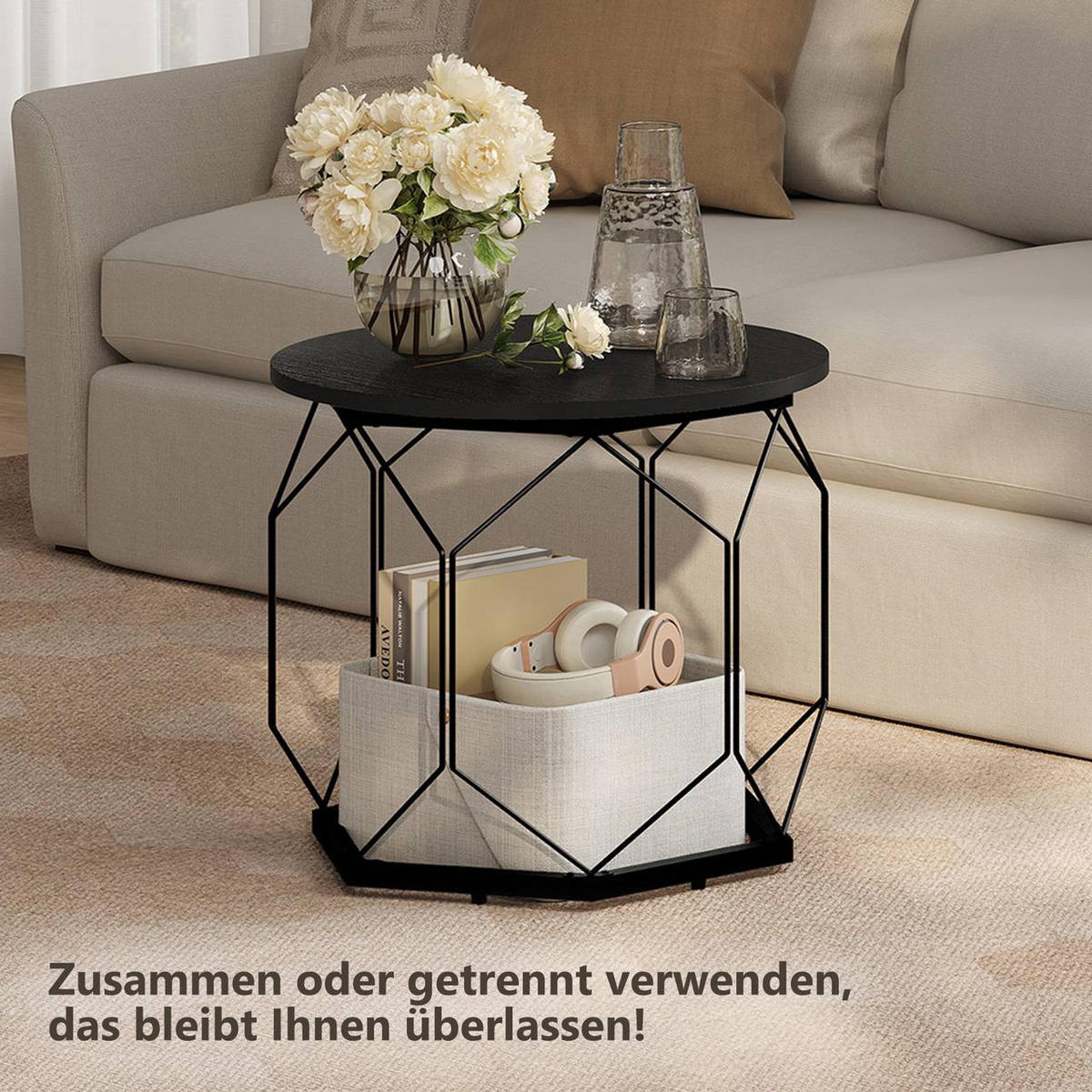 COUCHTISCH 2er Set, rund, Schwarze Holzoptik - Schwarz, Holzwerkstoff/Metall (50/50/45cm) - Woltu