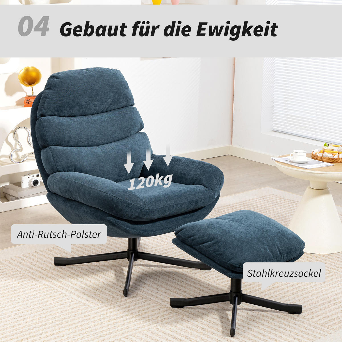 RELAXSESSEL mit Hocker Sessel Loungesessel mit Chenille-Stoff Fernsehsessel Blau - Blau/Schwarz, Textil/Metall (78/100/93cm) - HOMCOM