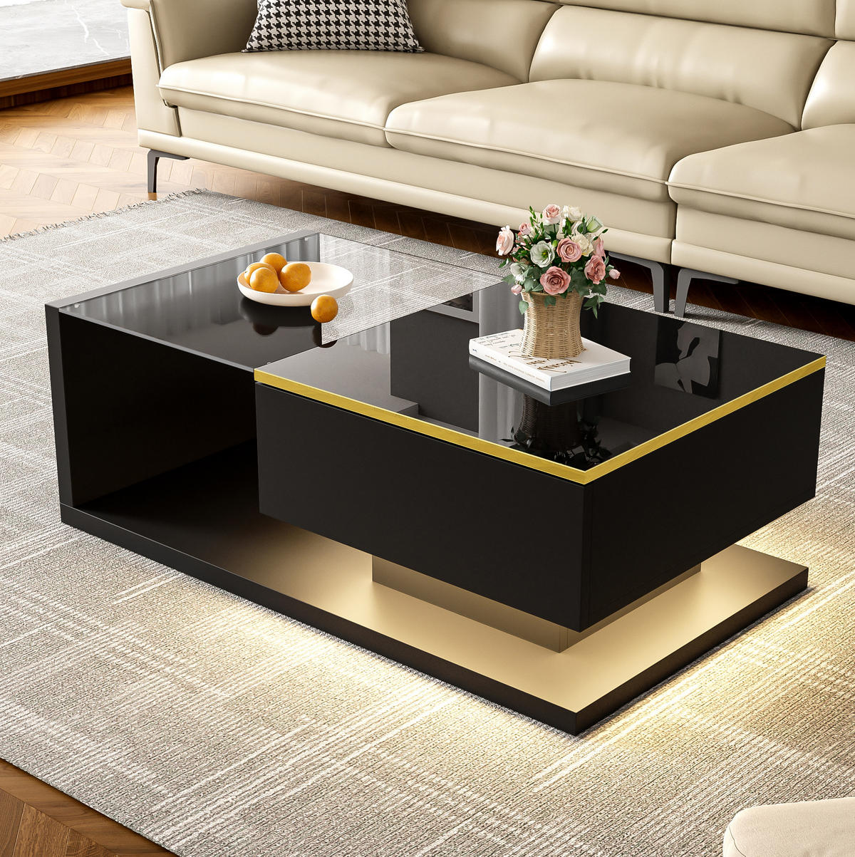 COUCHTISCH 90/50/32,5 cm in Hochglanz-Schwarz mit Glas und LED-Beleuchtung - Schwarz, Holzwerkstoff (90/50/32.5cm) - Flora Grace
