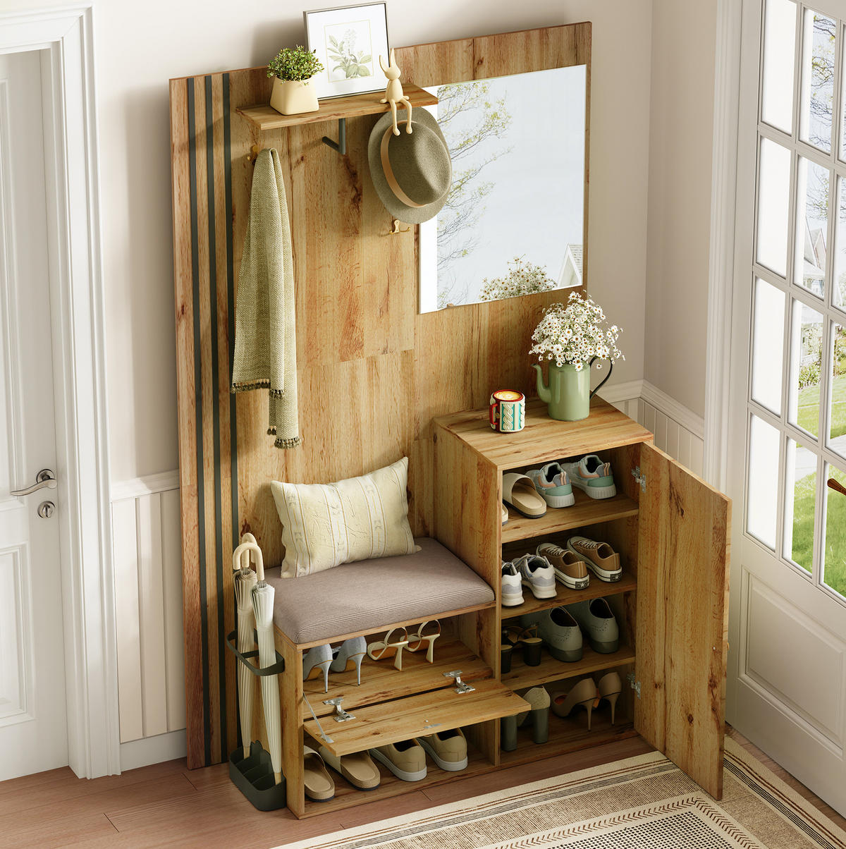 FLURGARDEROBE 115/37/185 cm aus MDF mit Spiegel und gepolsterter Sitzfläche Naturfarben mit Schwarz - Naturfarben, Holzwerkstoff (37/185/115cm) - Modenvie