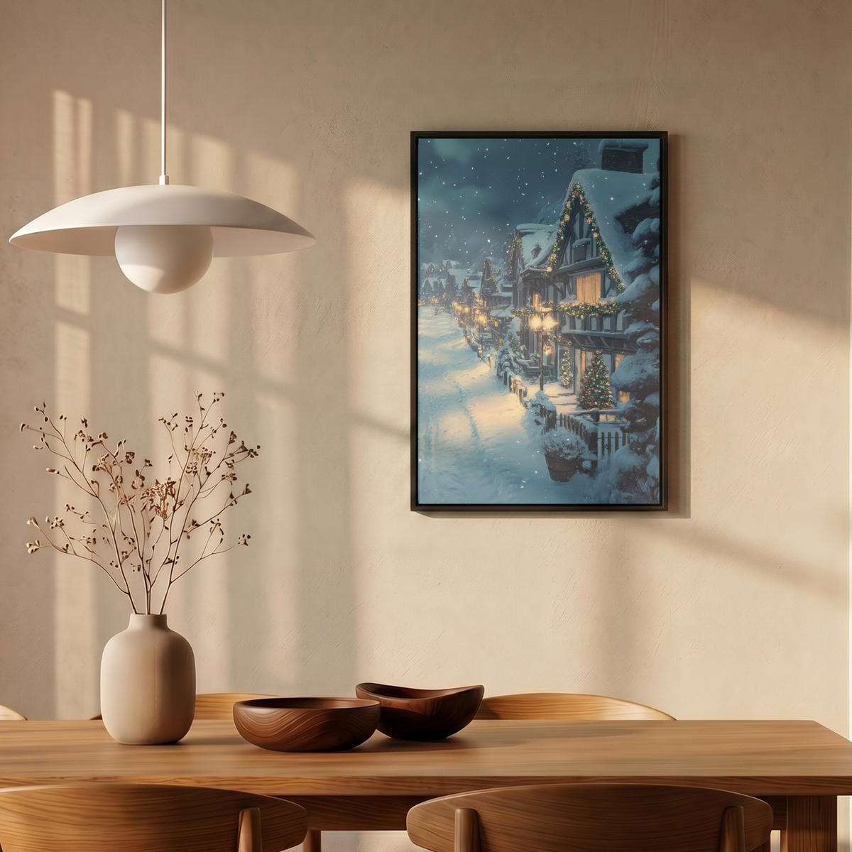 LEINWAND Bilder mit Rahmen - Weihnachtsdorf - Weihnachten - Schnee - Winter - 40x60 - Dunkelblau, Textil (40/60cm) - MuchoWow