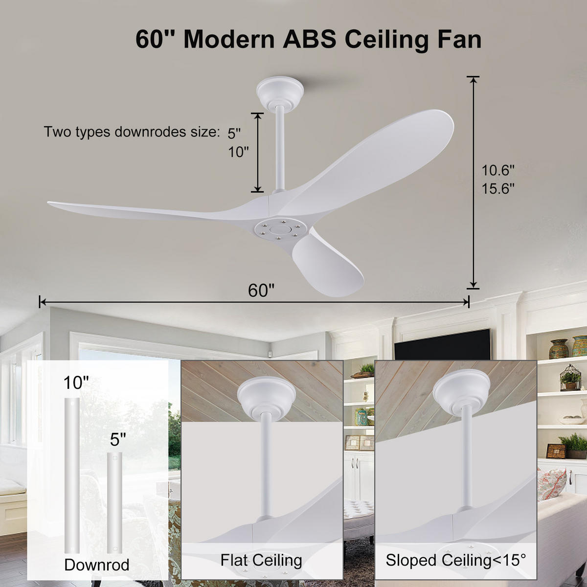 DECKENVENTILATOR 60Zoll Weiß Ohne Licht ABS Flügel DC Motor Timer - Weiß, Kunststoff (152/152/40cm) - CASIVA