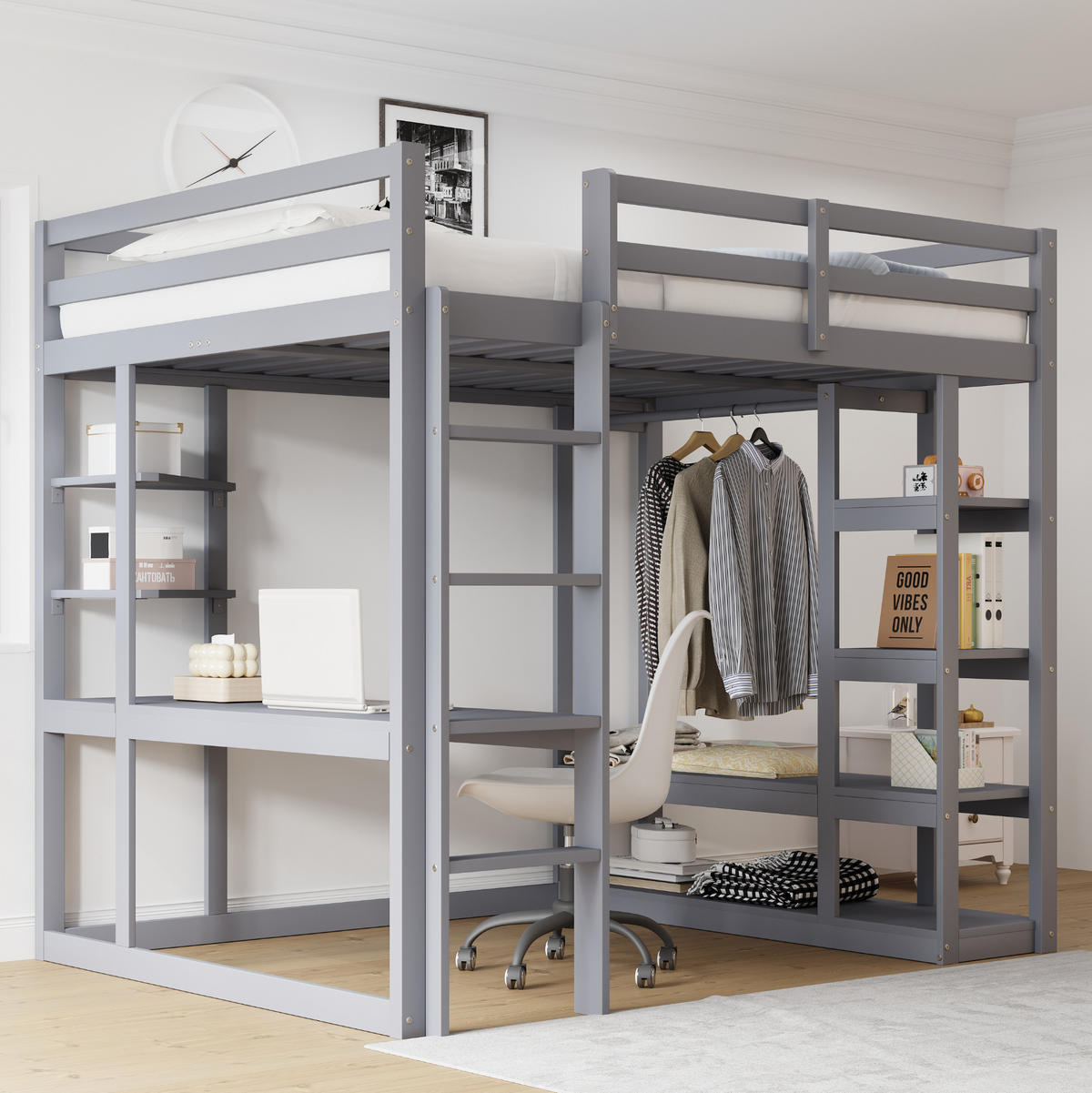 HOCHBETT 140/200 cm Grau mit Tisch und Regalen aus Massivholz mit Matratze - Grau, Holzwerkstoff (140/200cm) - OKWISH