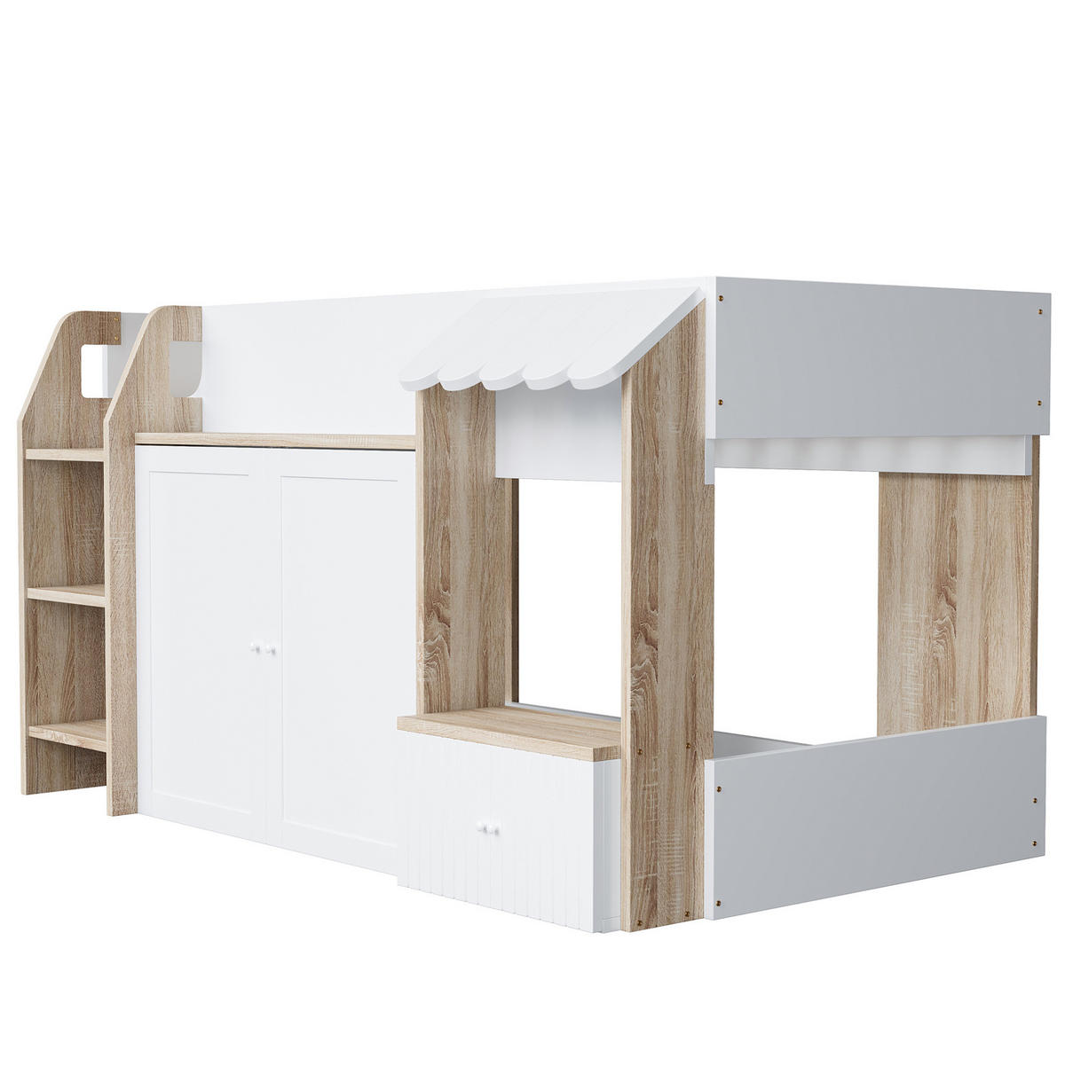 HOCHBETT 90/200 cm Weiß/Natur aus Holz mit Hausrahmen und Stauraum - Weiß, Holzwerkstoff (90/200cm) - OKMYHOME