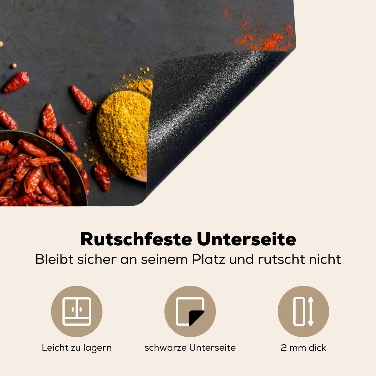 HERDABDECKPLATTE Kräuter - Lebensmittel - Gewürze - Schwarz - Paprika - Zimt Induktionsmatte 77x59 cm - Currygelb, Kunststoff (77/59/0.2cm) - MuchoWow