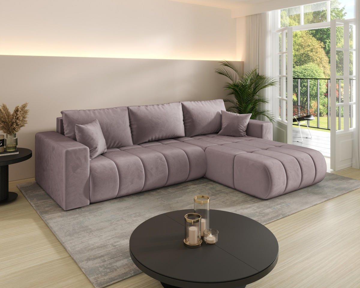 ECKSOFA mit schlaffunktion und bettkasten MILO PREMIUM, stoff MONOLITH, Lila, Rechts - Violett, Holz (280/190cm) - Kaiser Möbel