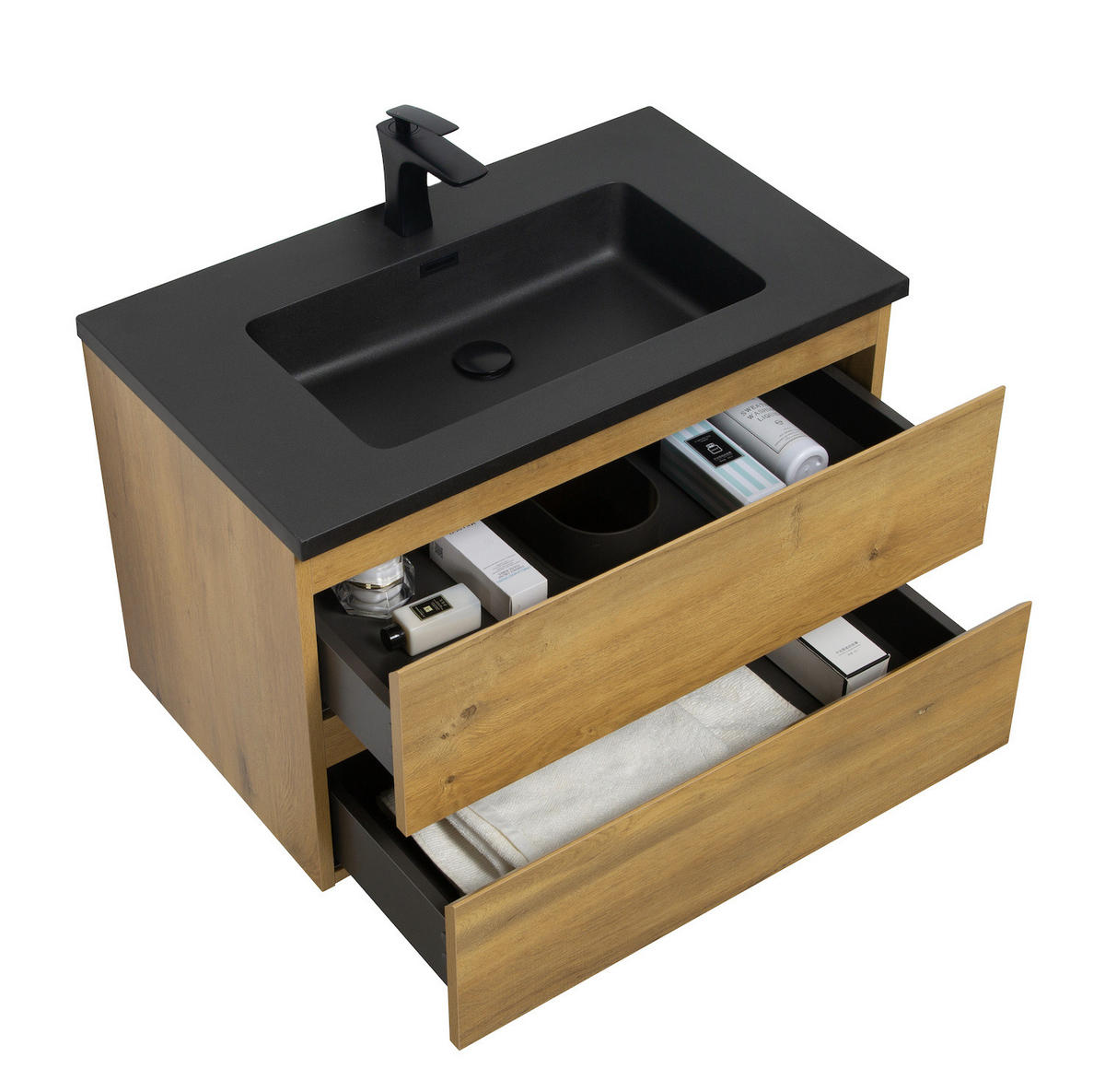 WASCHTISCHKOMBI Angela 2 Teile - Eiche Mit Schwarzem Waschbecken - 80 x 48 x 52 cm - Eichefarben/Schwarz, Holz (80/52/48cm) - Badplaats