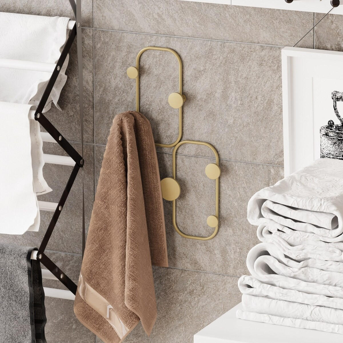 WANDGARDEROBE mit 5 Haken aus schwarzem Metall 26/5/48 cm - Goldfarben, Metall (5/48/7cm) - Calicosy